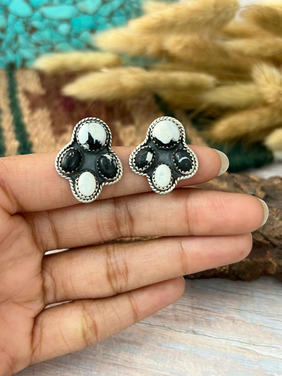 Handmade Sterling Silver White Buffalo Post Stud Earrings "Signed Nizhoni"