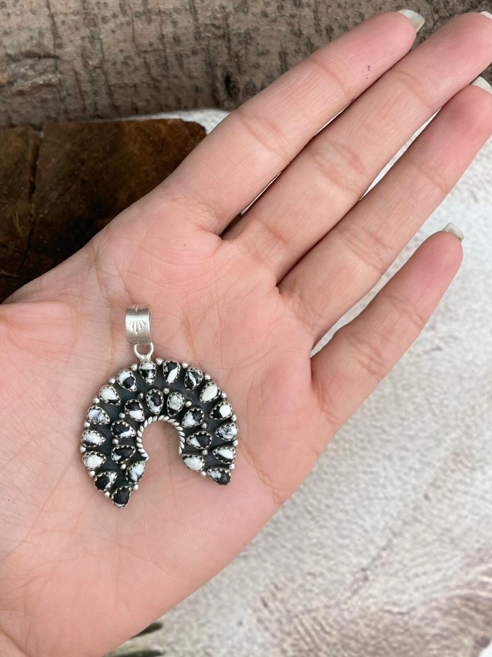 Handmade Sterling Silver White Buffalo Naja Pendant "Signed Nizhoni" (10)