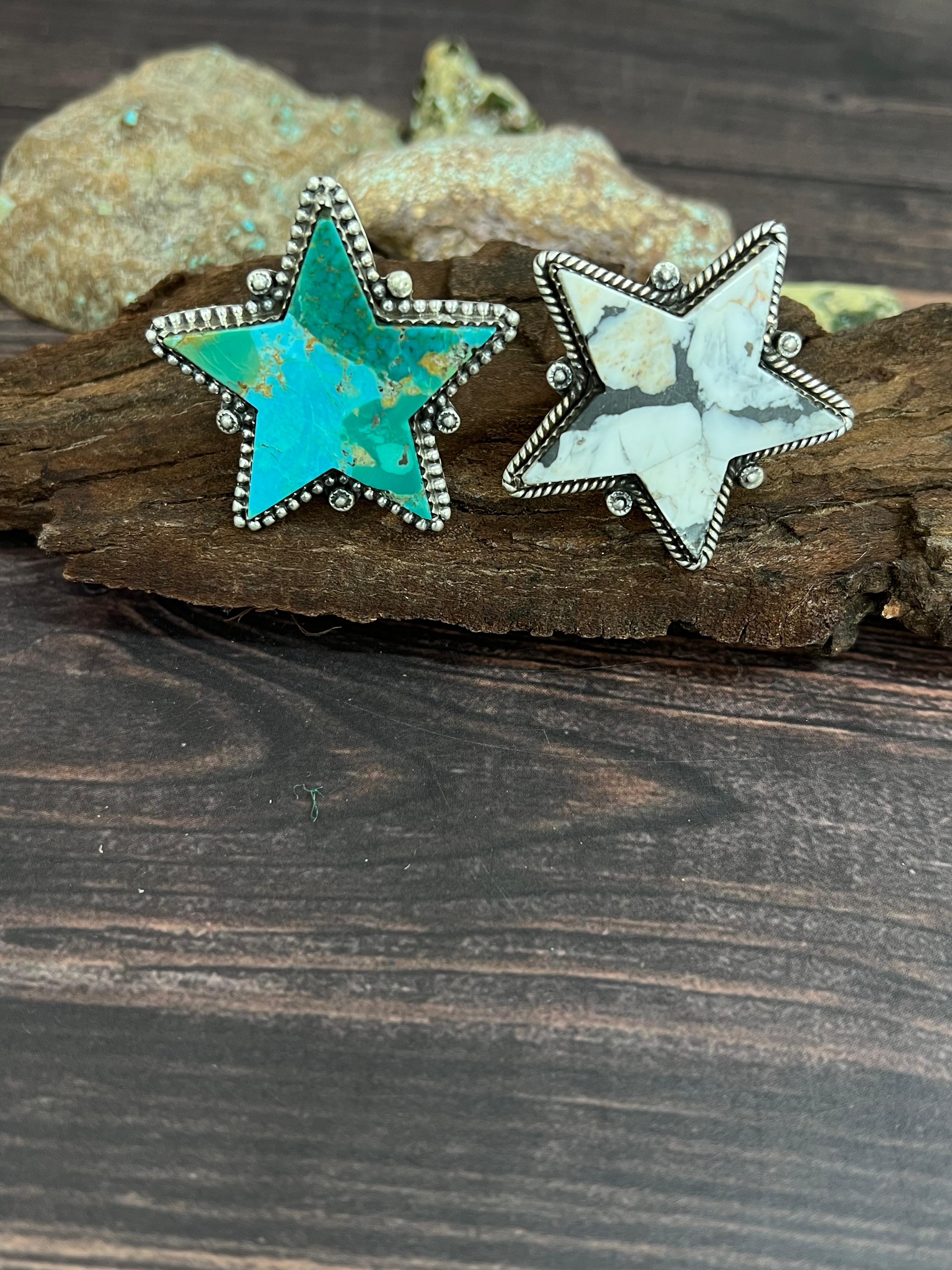 Handmade Sterling Silver White Buffalo, Kingman Turquoise Star Adjustable Ring, Signed Nizhoni (1)