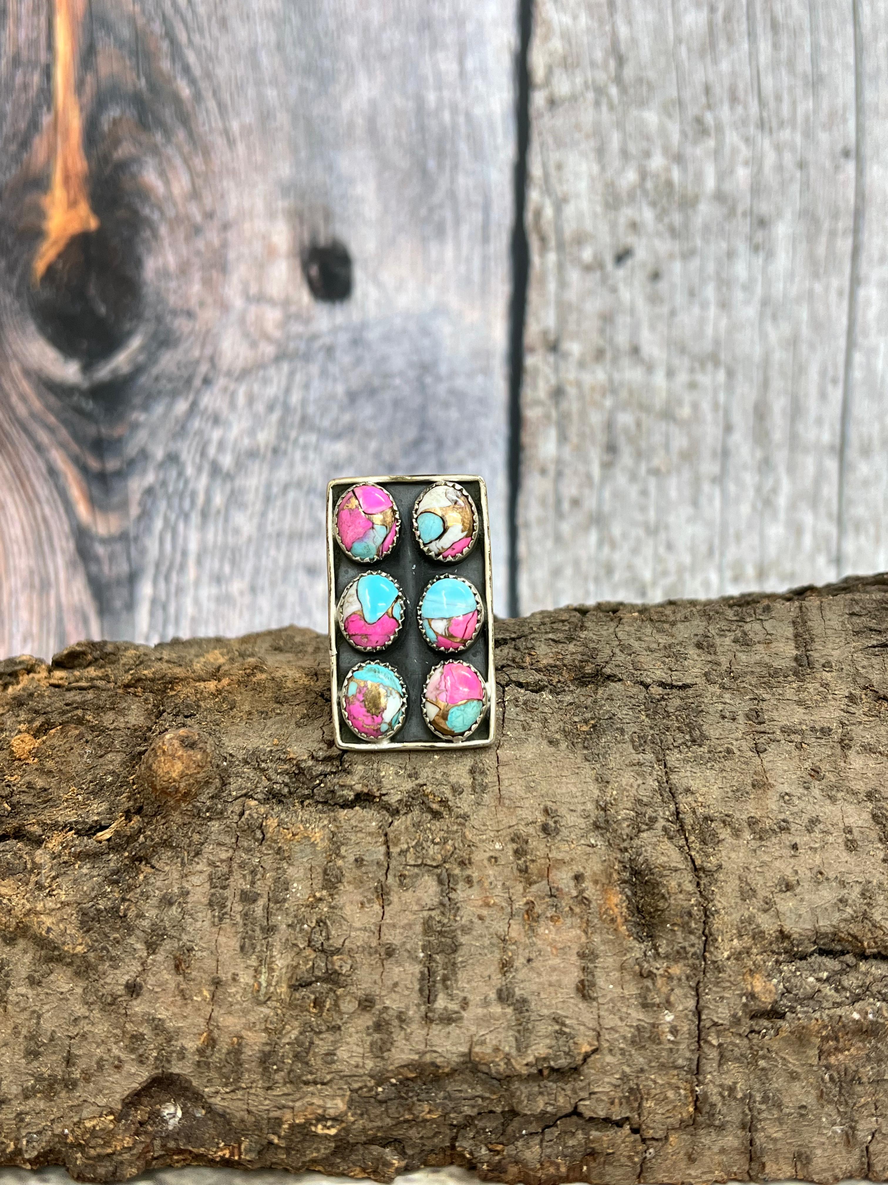 Handmade Sterling Silver Cotton Candy Turquoise Adjustable Ring with Signed Nizhoni