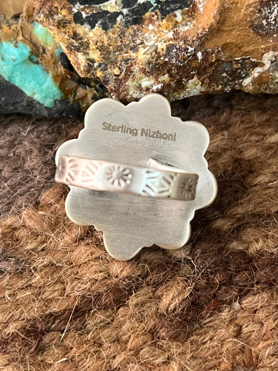 Handmade Sterling Silver Emerald Valley Turquoise Adjustable Ring "Signed Nizhoni"