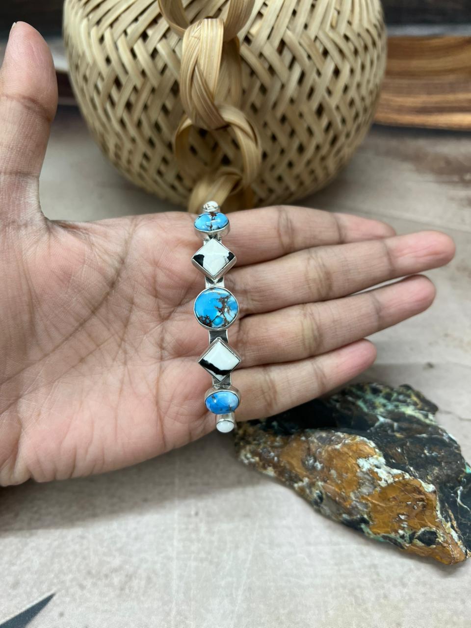 Handmade Sterling Silver Golden Hills with White Collection Bracelet "Signed Nizhoni"