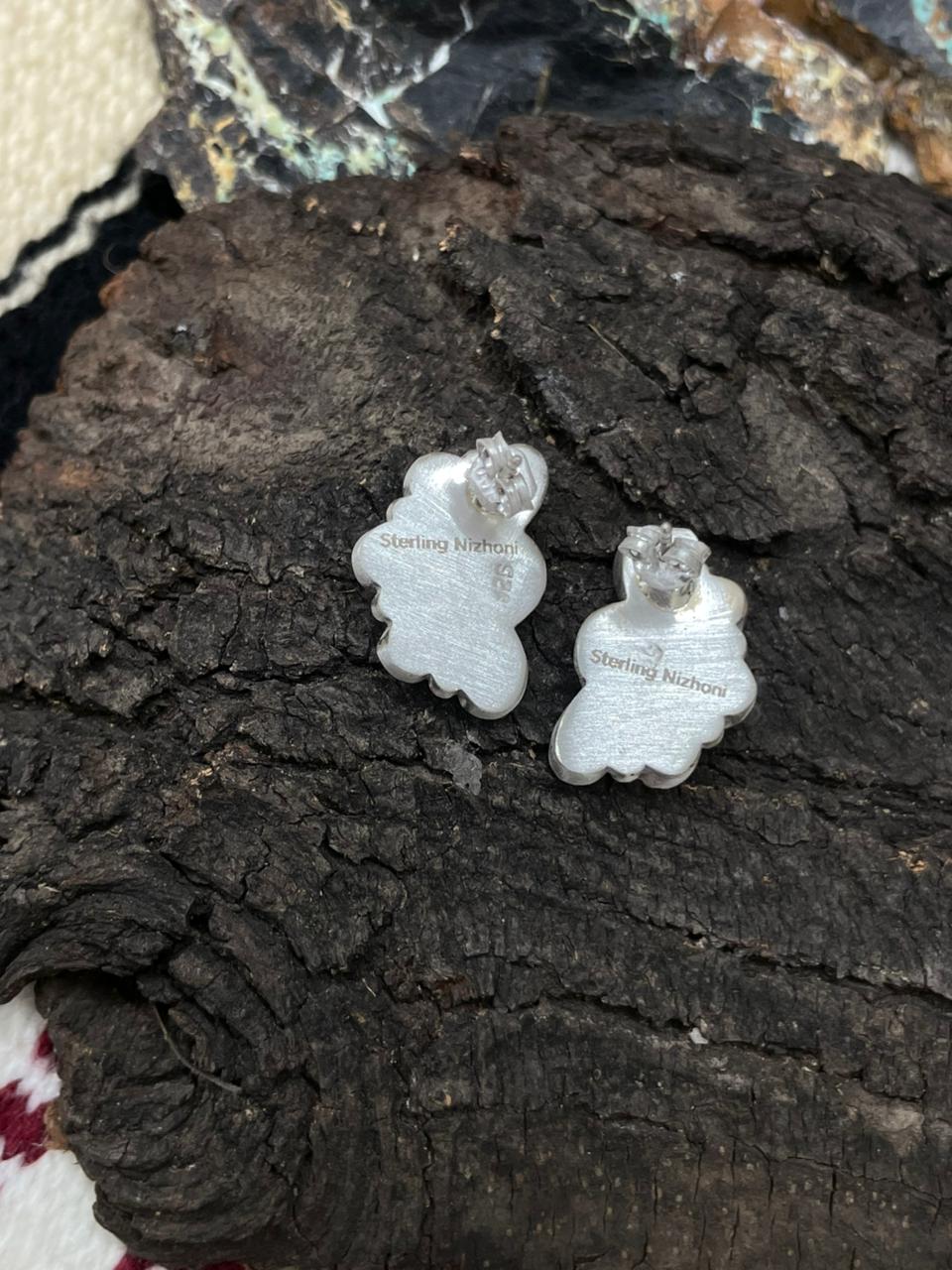 "Christmas Collection" Handmade Sterling Silver White Buffalo with Red Opal Studs Earrings "Signed Nizhoni"