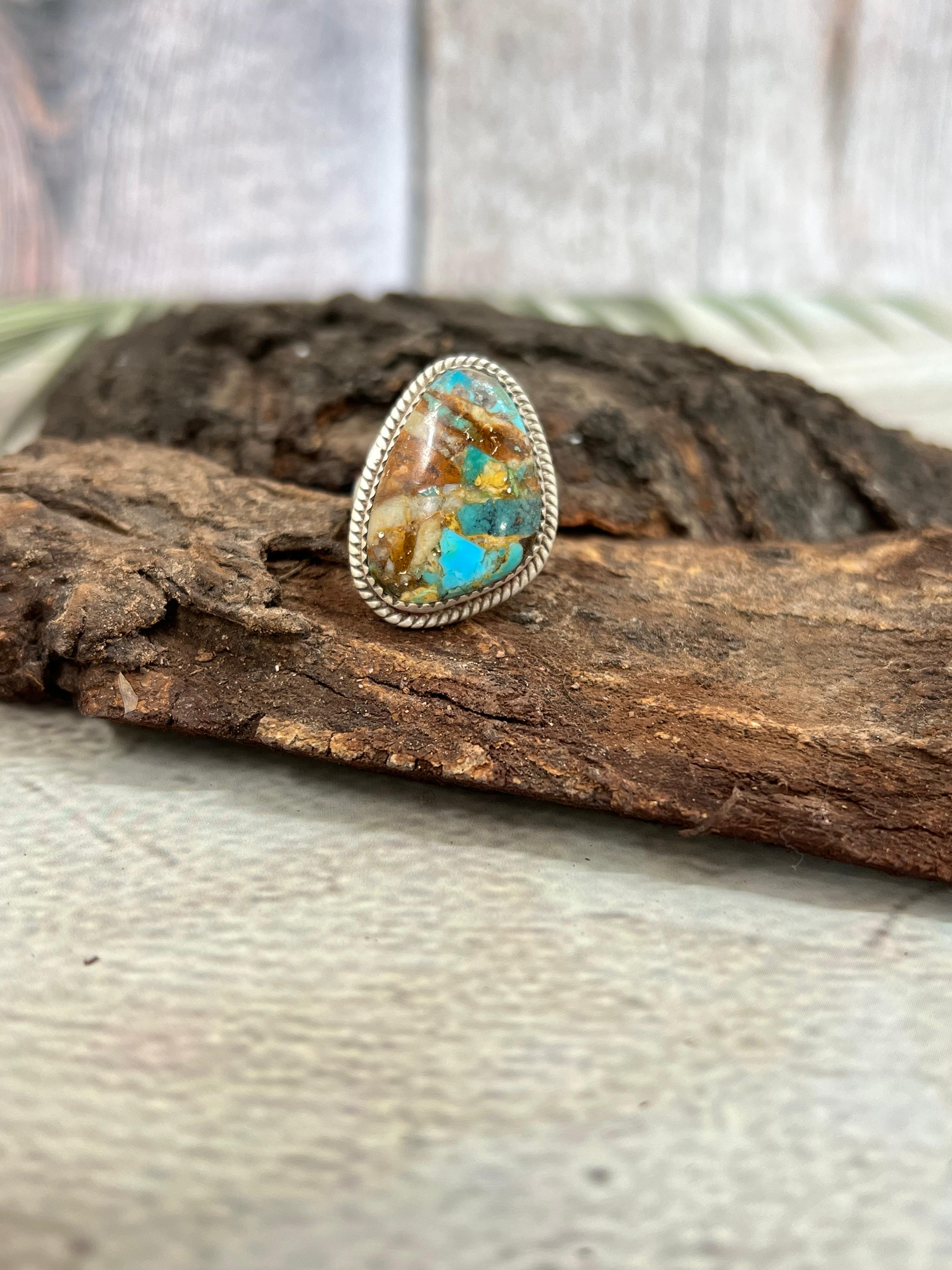 Handmade Sterling Silver Royston Turquoise Adjustable Ring with Signed Nizhoni