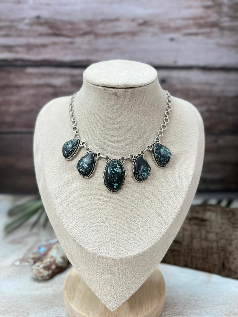 Handmade Sterling Silver Lander Turquoise Necklace with Signed Nizhoni