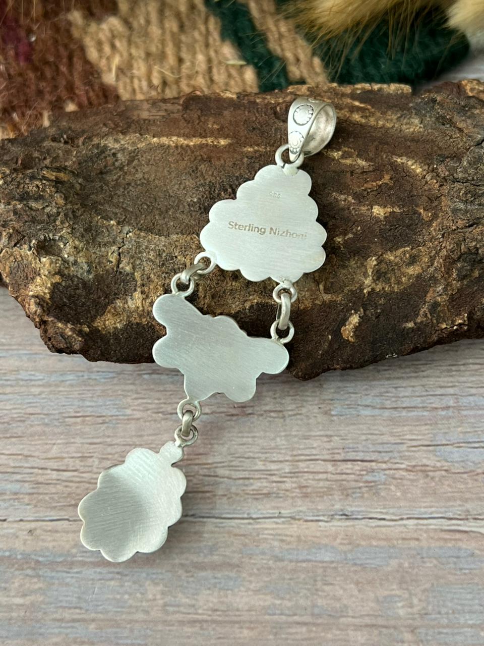 Handmade Sterling Silver Kingman with Golden Hills Turquoise and Hot Pink Pendant "Signed Nizhoni"