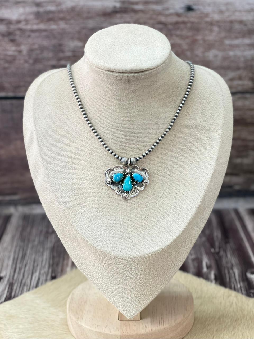 Handmade Sterling Silver Beaded White Water Turquoise Necklace "Signed Nizhoni"