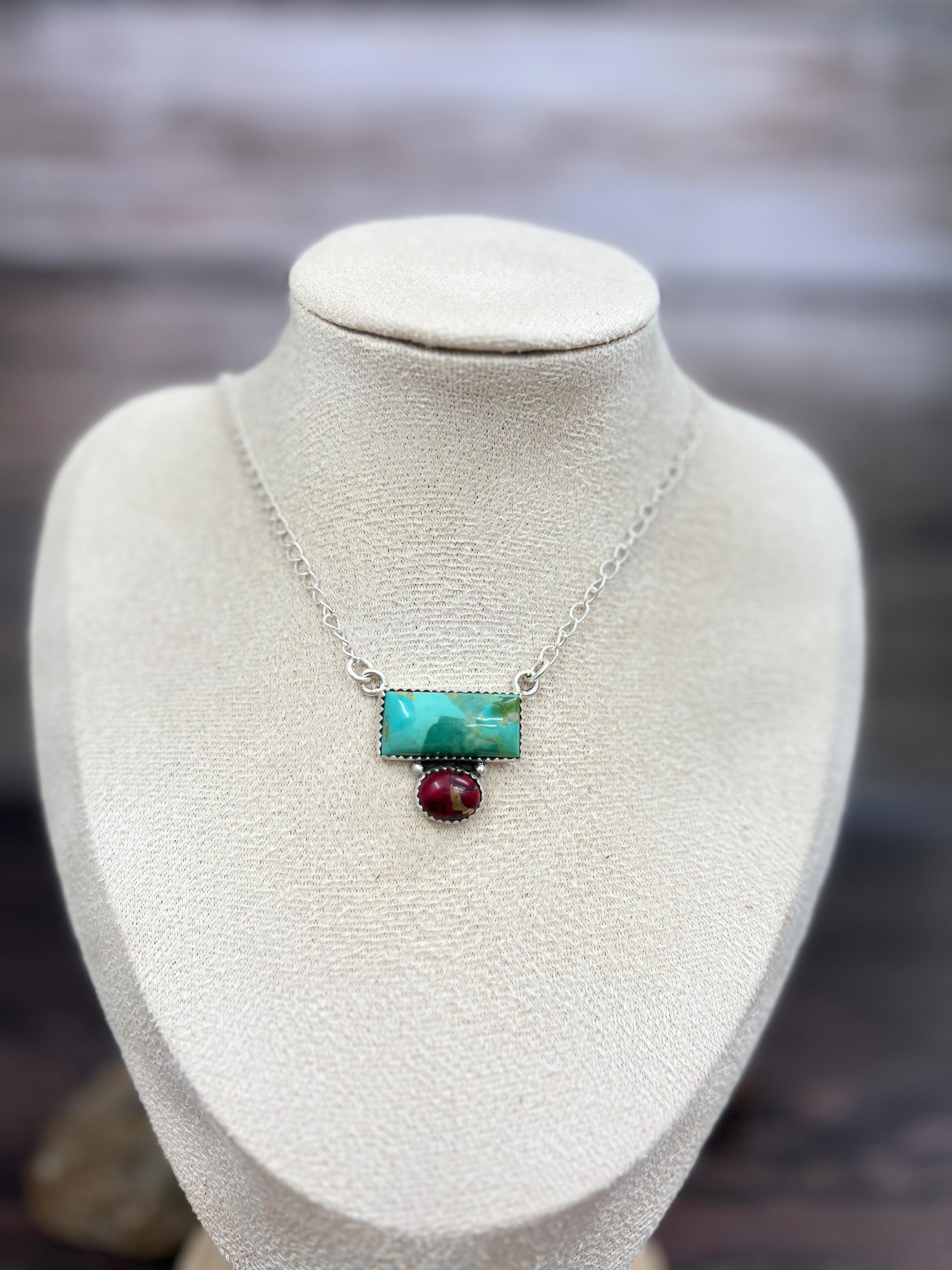 Handmade Sterling Silver Kingman with Dahlia Rose Necklace with Signed Nizhoni