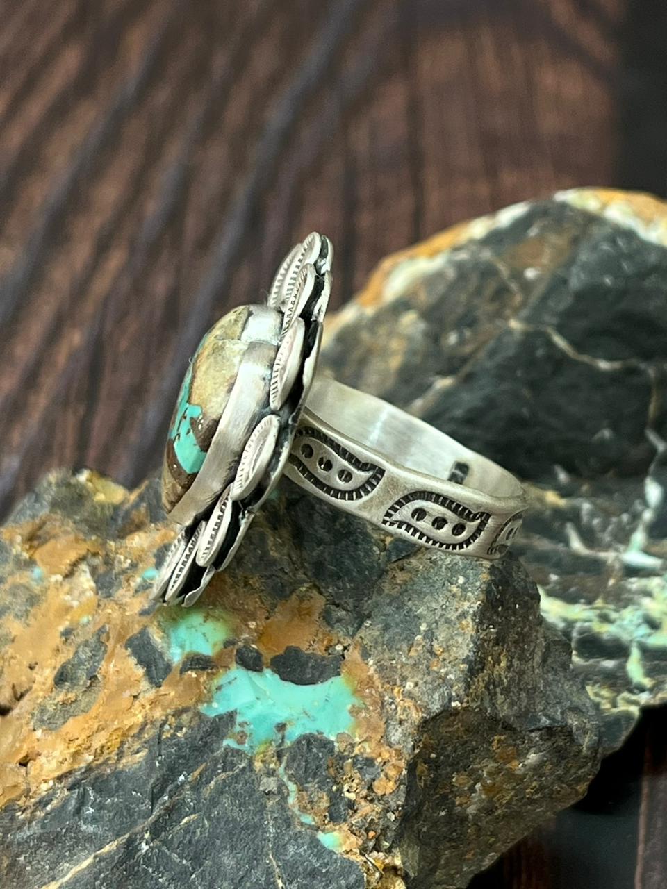 Handmade Sterling Silver Royston Ribbon Turquoise Heart Adjustable Ring "Singed Nizhoni"