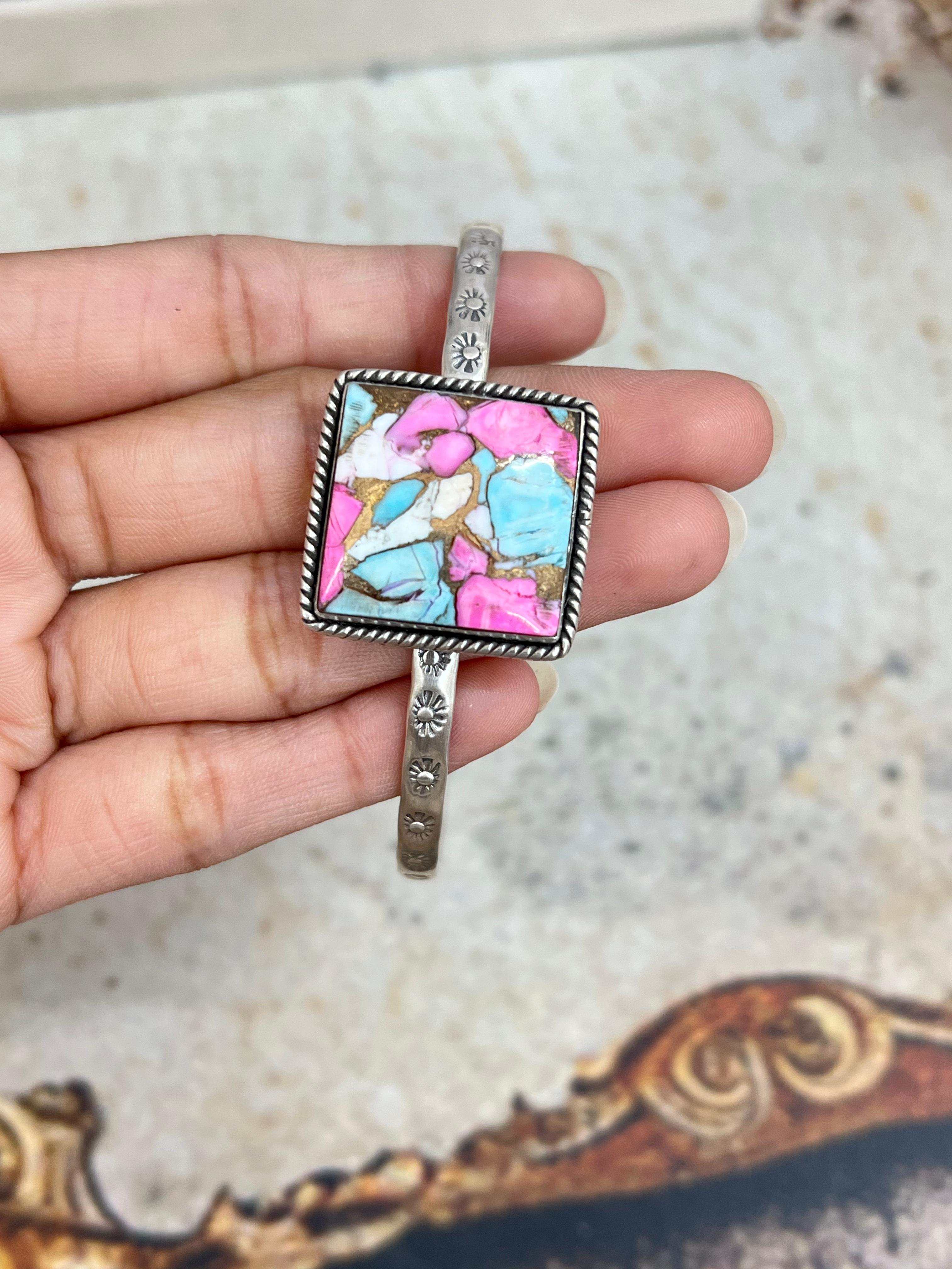 Handmade Sterling Silver Multi Stone Cuff Bracelet Signed Nizhoni