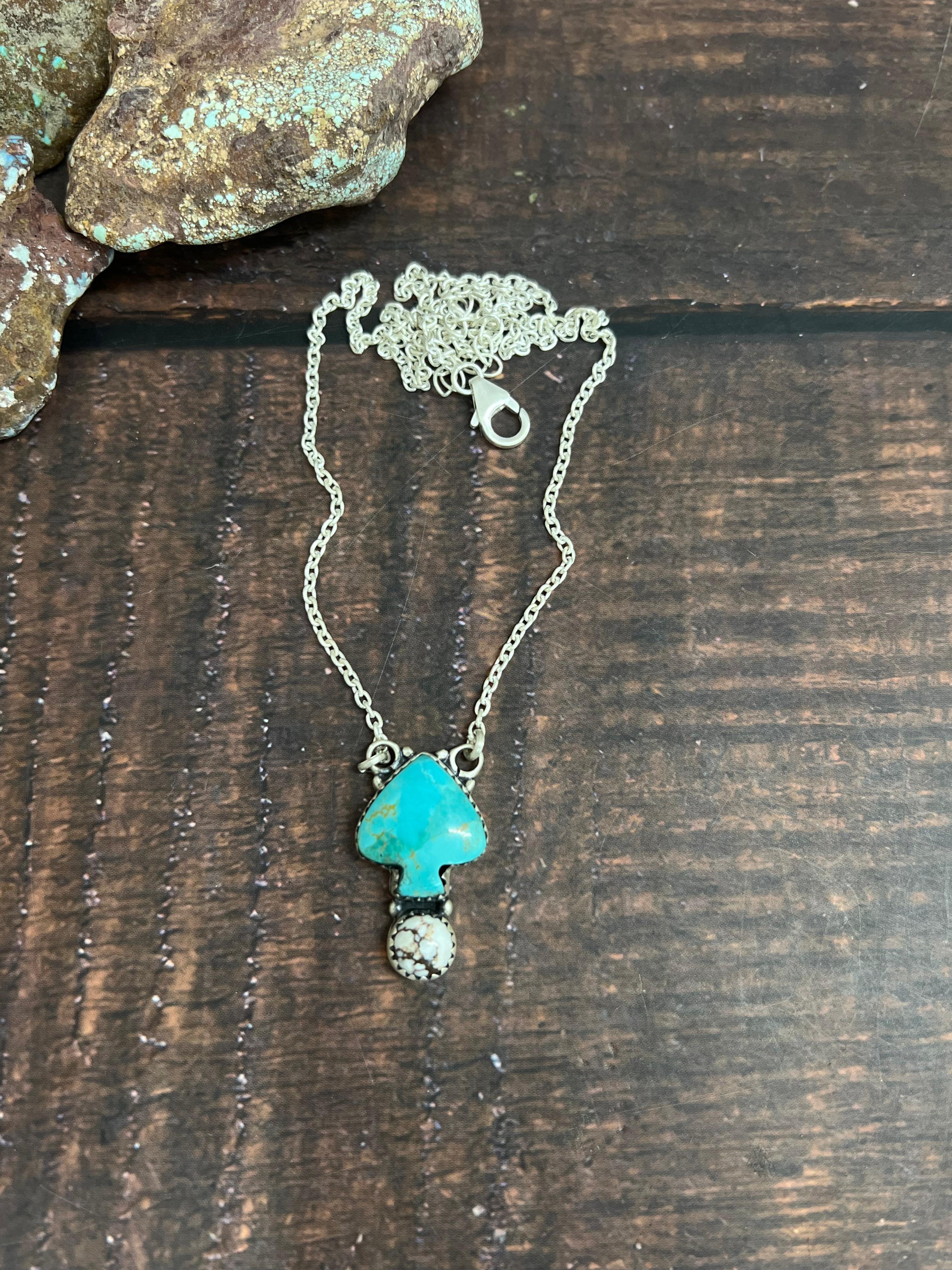 Handmade Sterling Silver Kingman, Wild Horse Turquoise Necklace with Signed Nizhoni