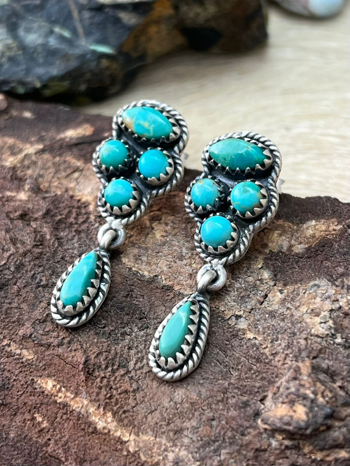 Handmade Sterling Silver Kingman Turquoise Post Dangle Earrings "Signed Nizhoni"