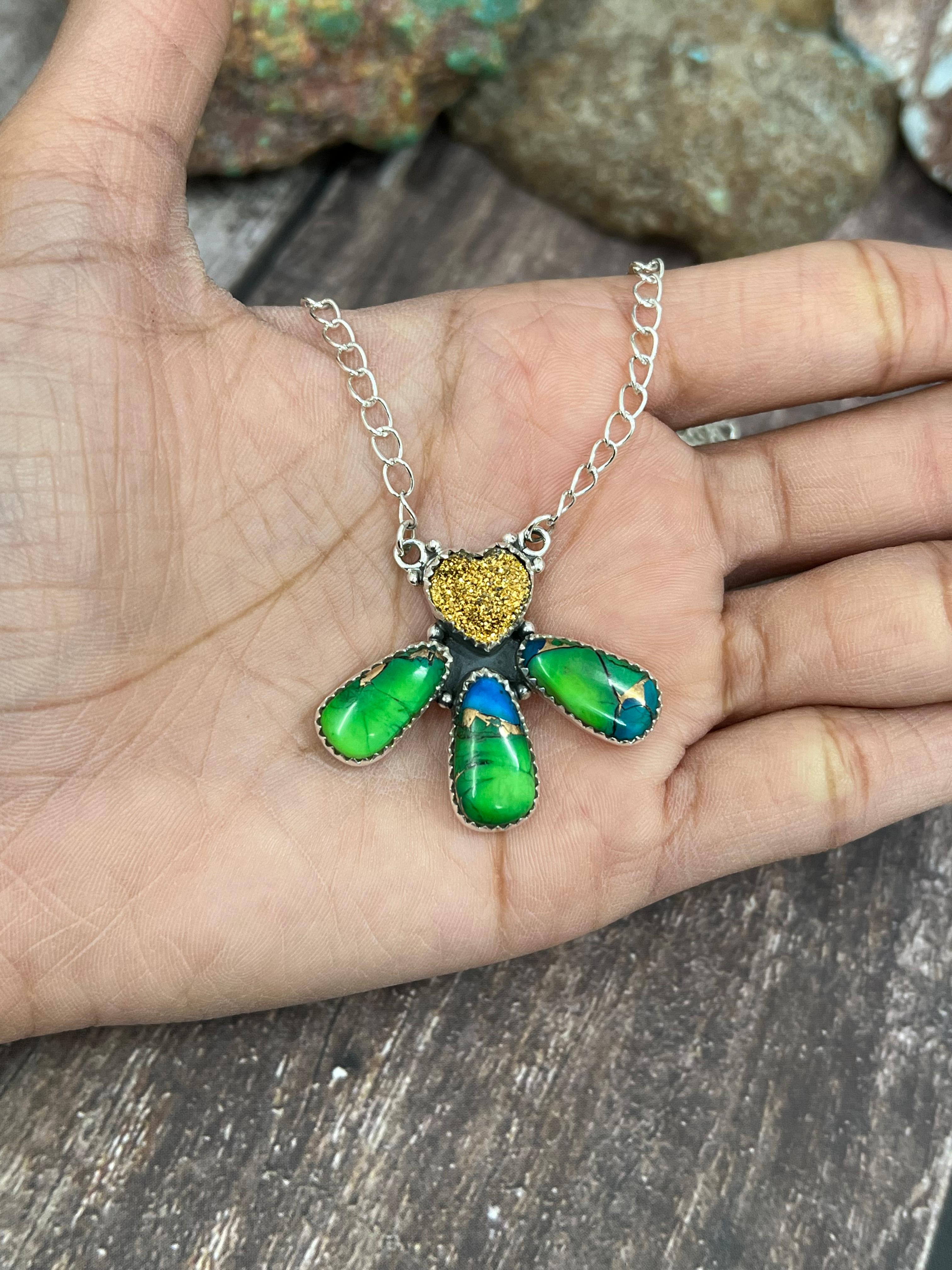 Handmade Sterling Silver Peacock Dahlia with Druzy Necklace with Signed Nizhoni