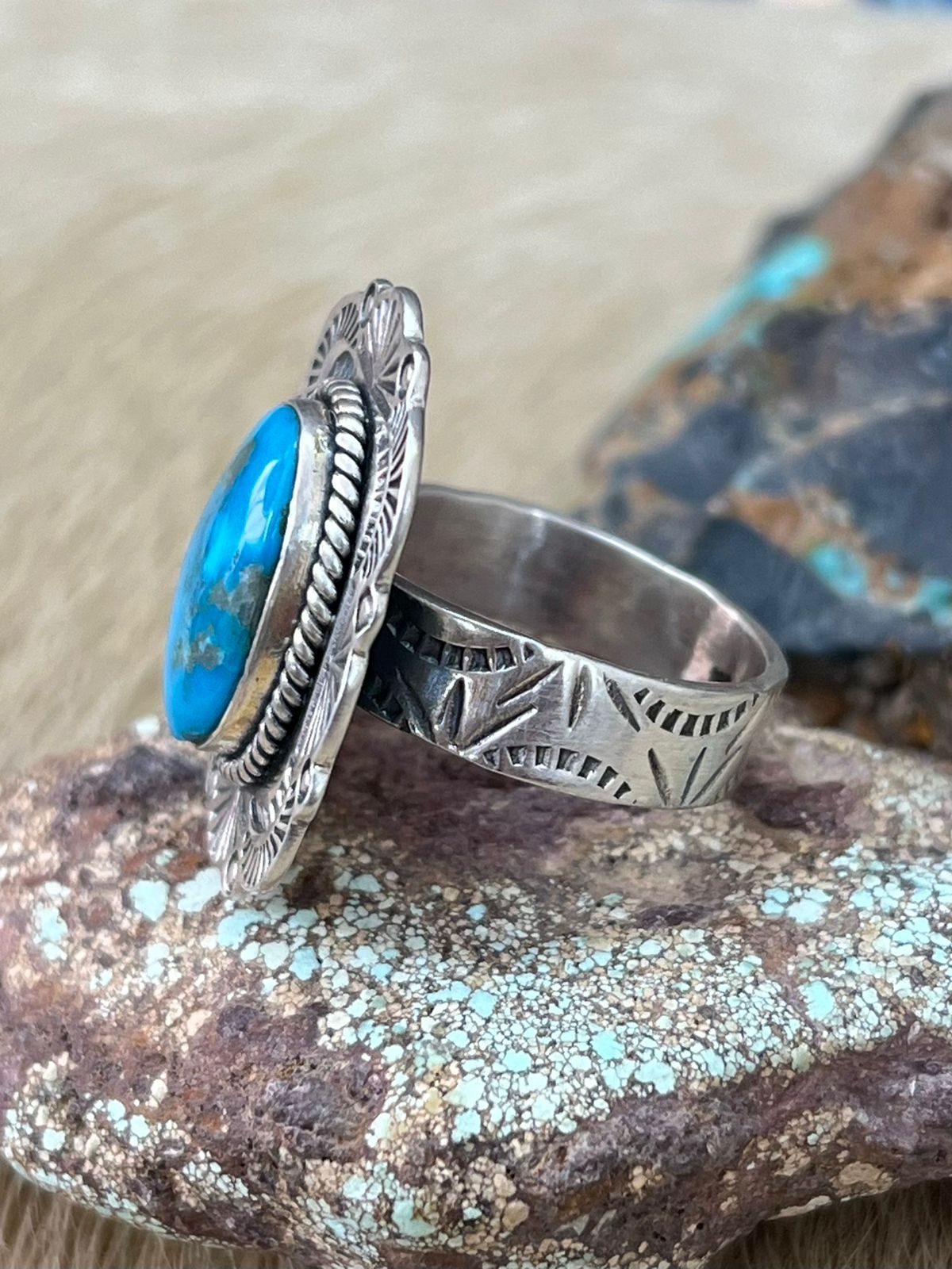 Handmade Sterling Silver Arizona Blue Turquoise Adjustable Ring "Signed Nizhoni"