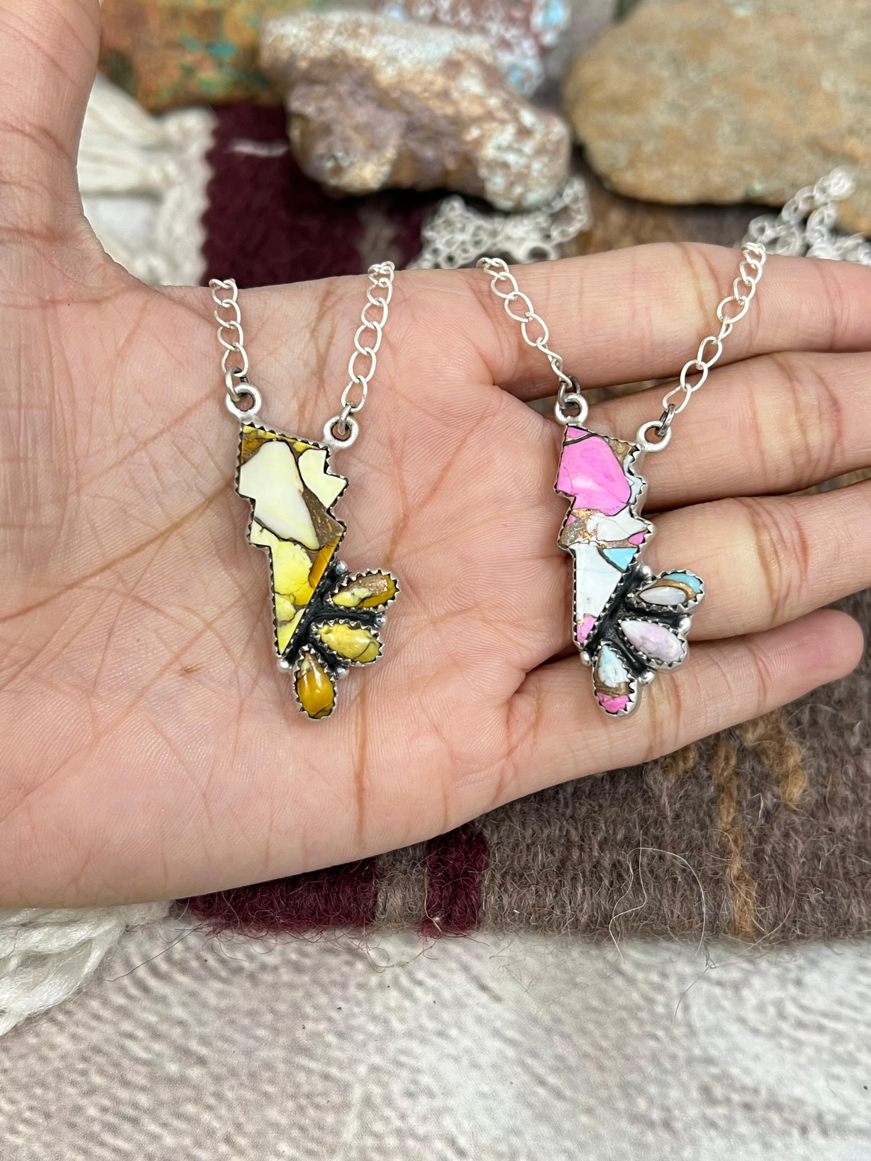 Handmade Sterling Silver Multi Gemstone Lightening Bolt Necklace with Signed Nizhoni