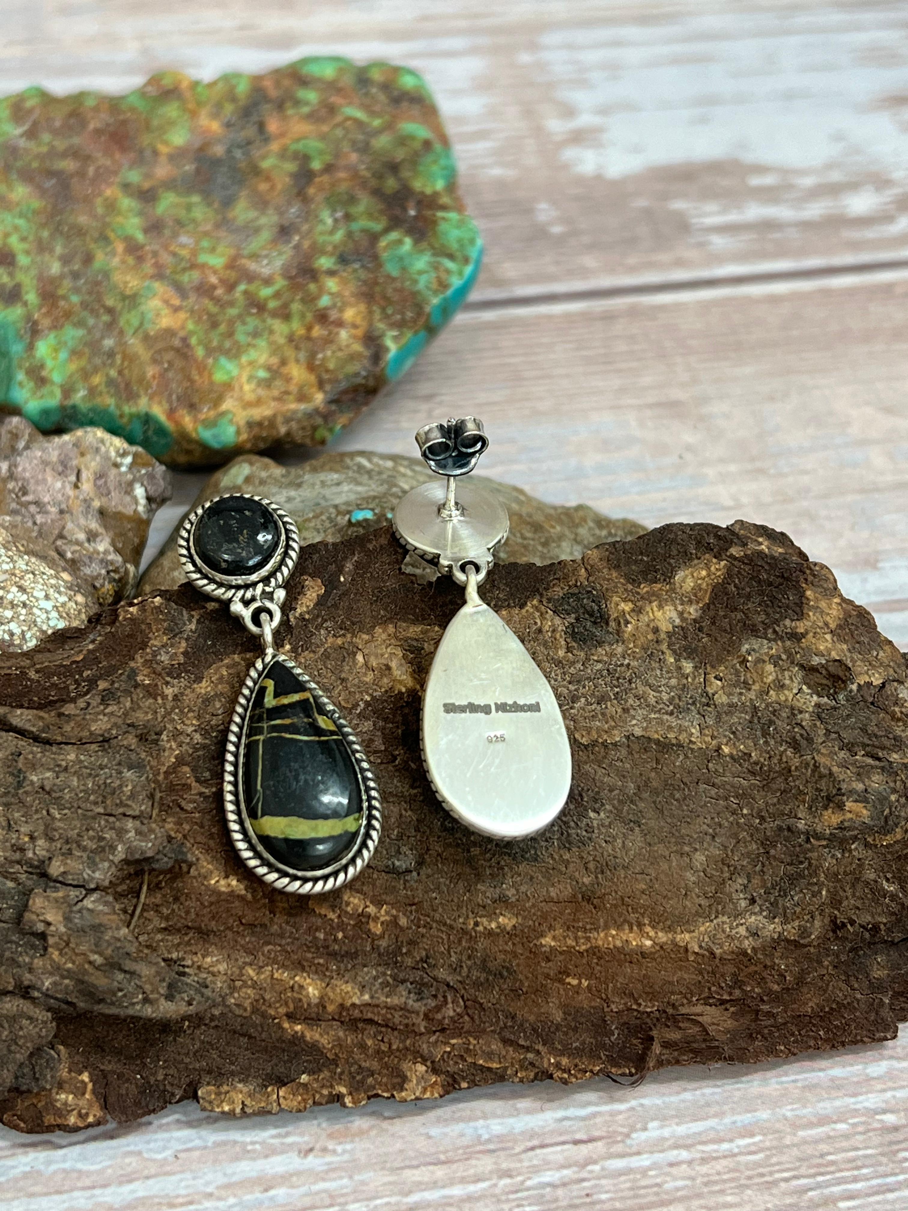 Handmade Sterling Silver Blackjack Turquoise Post Dangle Earrings with Signed Nizhoni
