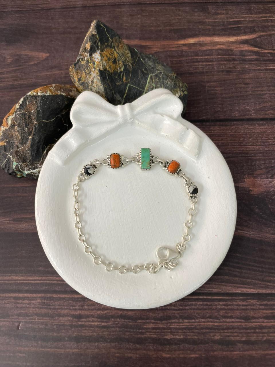 Handmade Sterling Silver Orange Mojave with Kingman and White Buffalo Chain Bracelet "Signed Nizhoni"