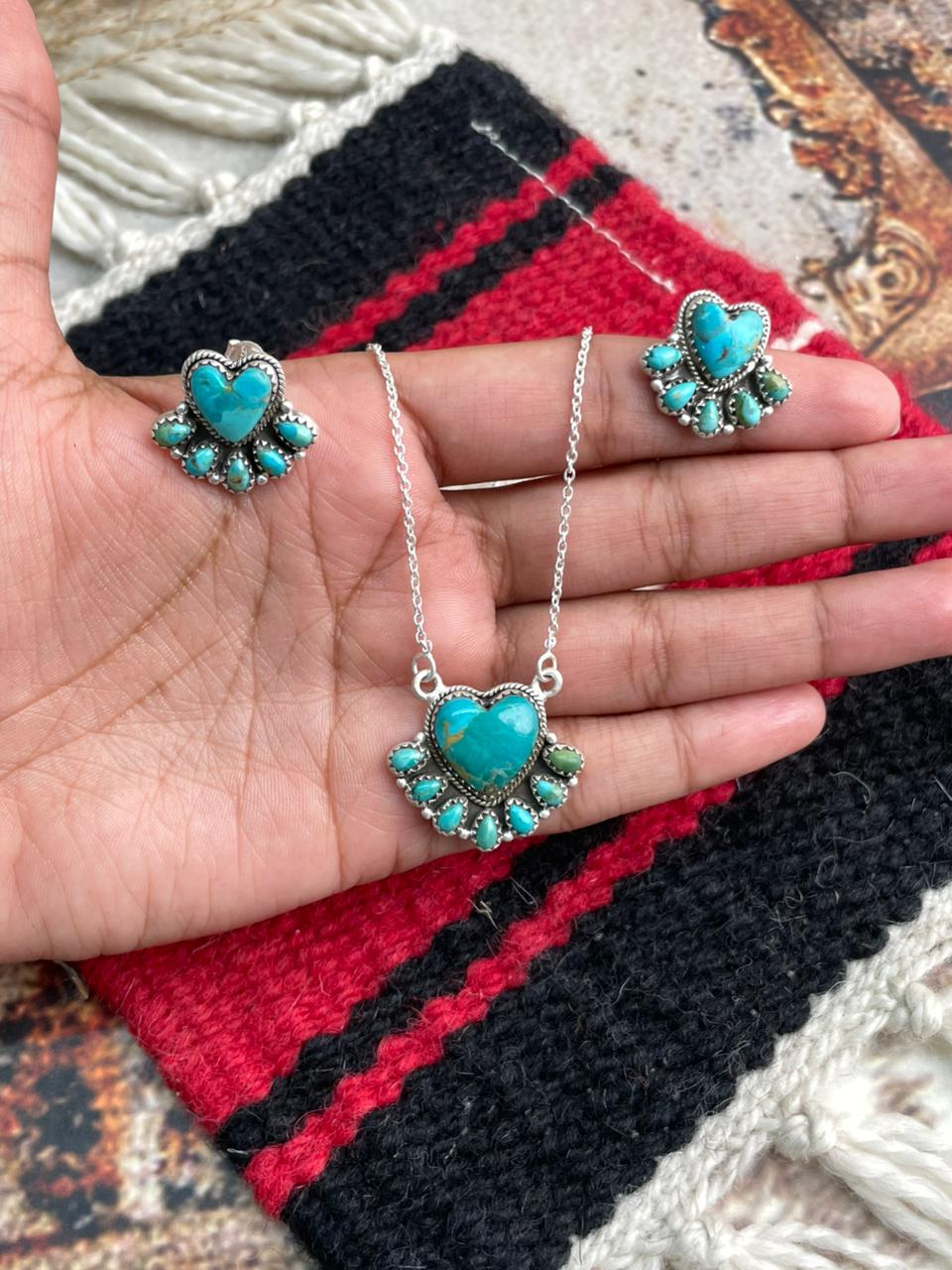 Handmade Sterling Silver Kingman Turquoise Necklace Earrings Set "Signed Nizhoni"