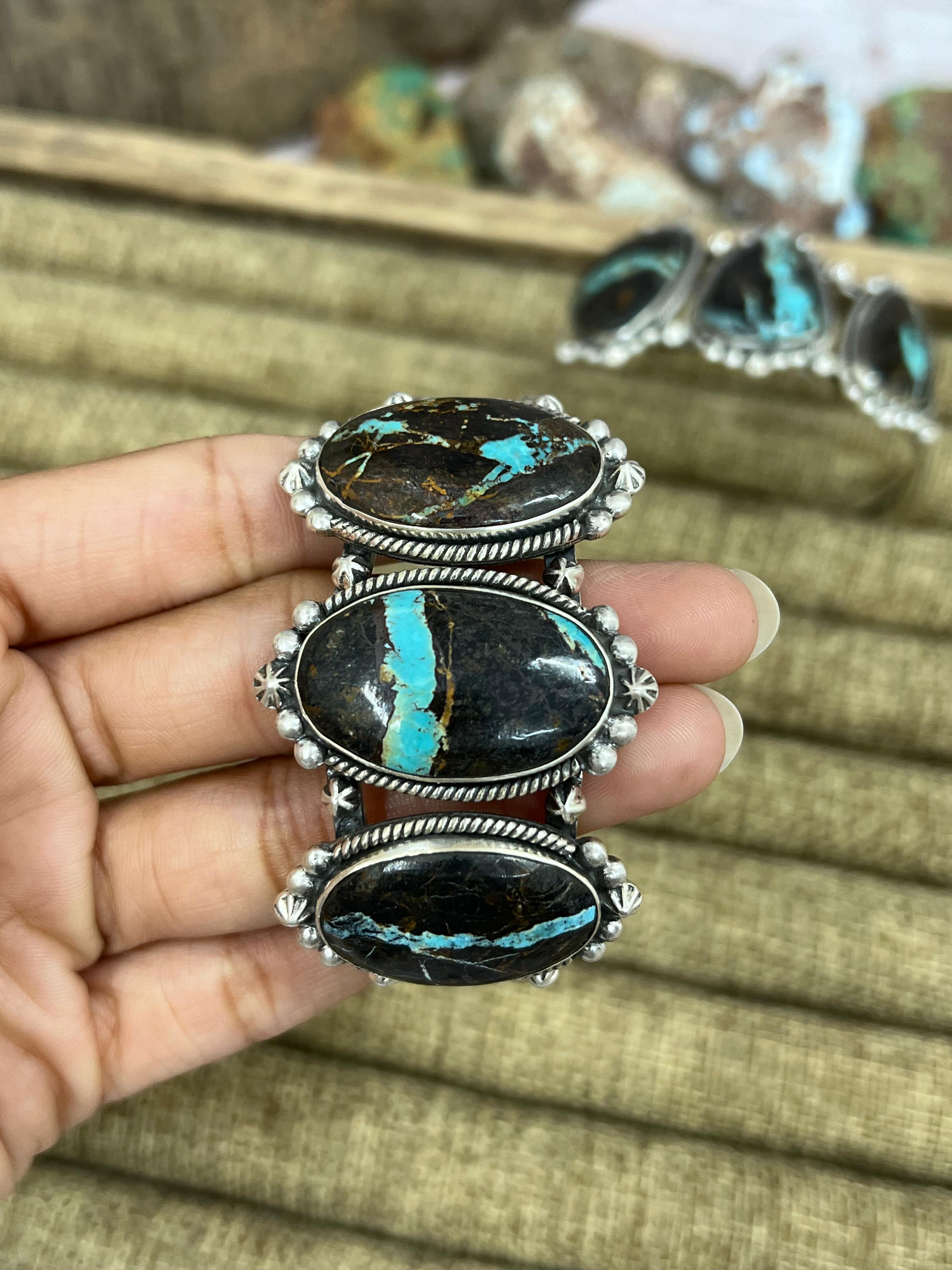 Handmade Sterling Silver Black Jack Cuff Bracelet with Signed Nizhoni