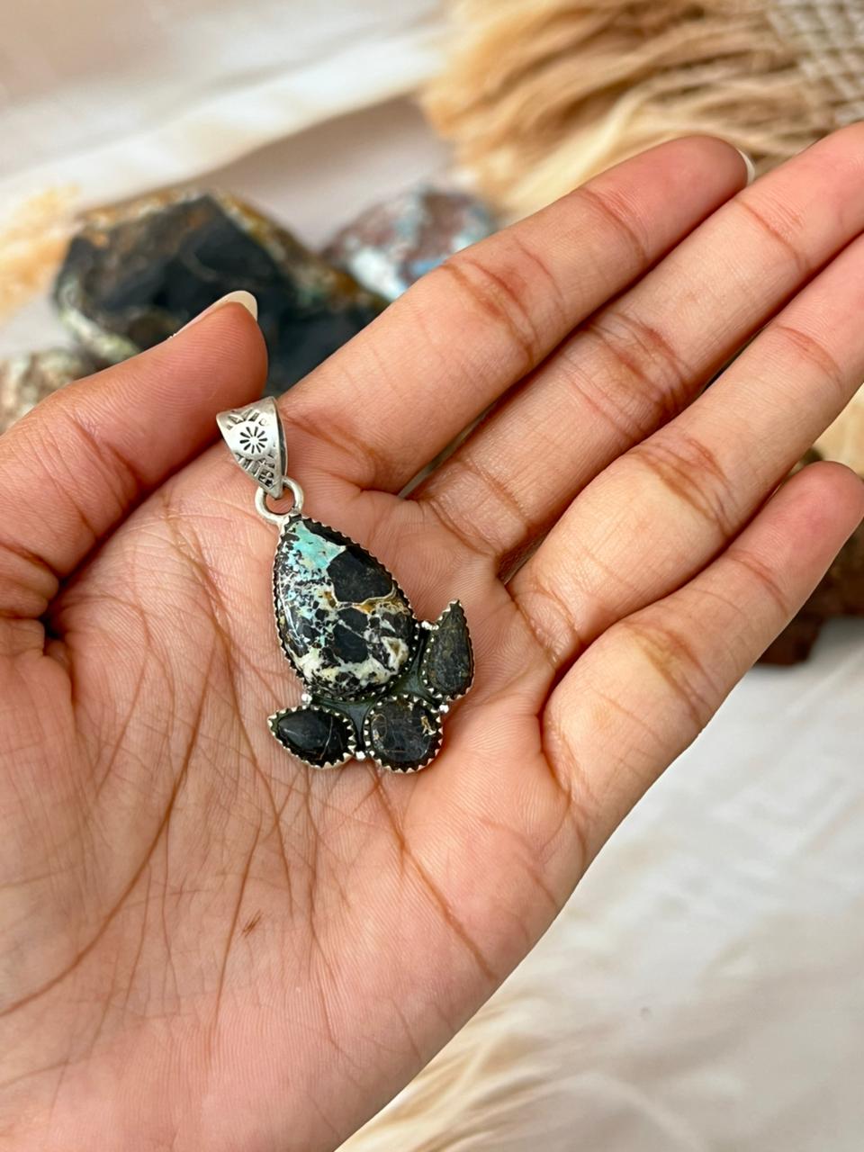 Handmade Sterling Silver Blackjack Turquoise Pendant "Signed Nizhoni"