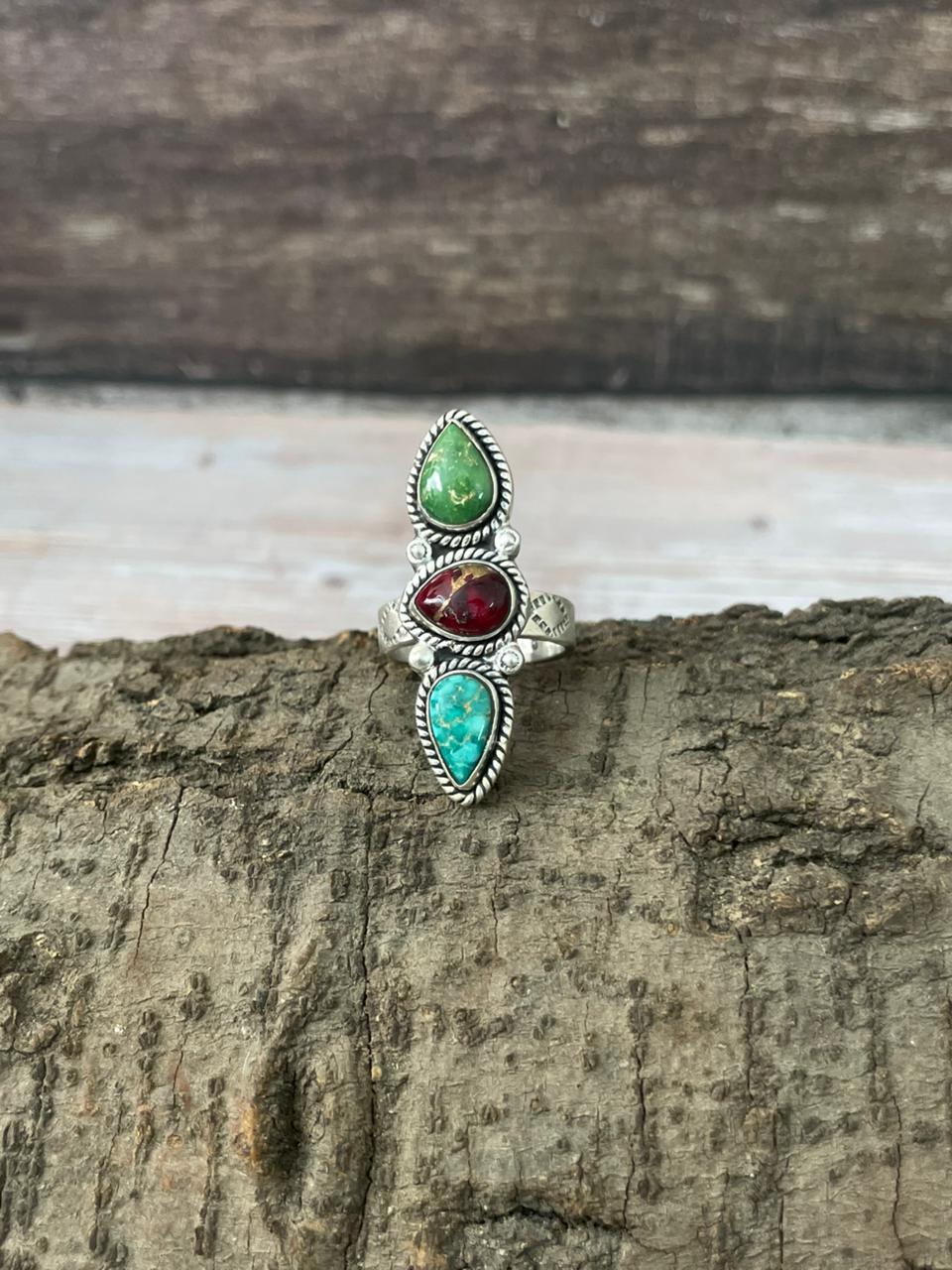 Handmade Sterling Silver Dahlia Rose With Emerald Valley Turquoise Ring "Signed Nizhoni"