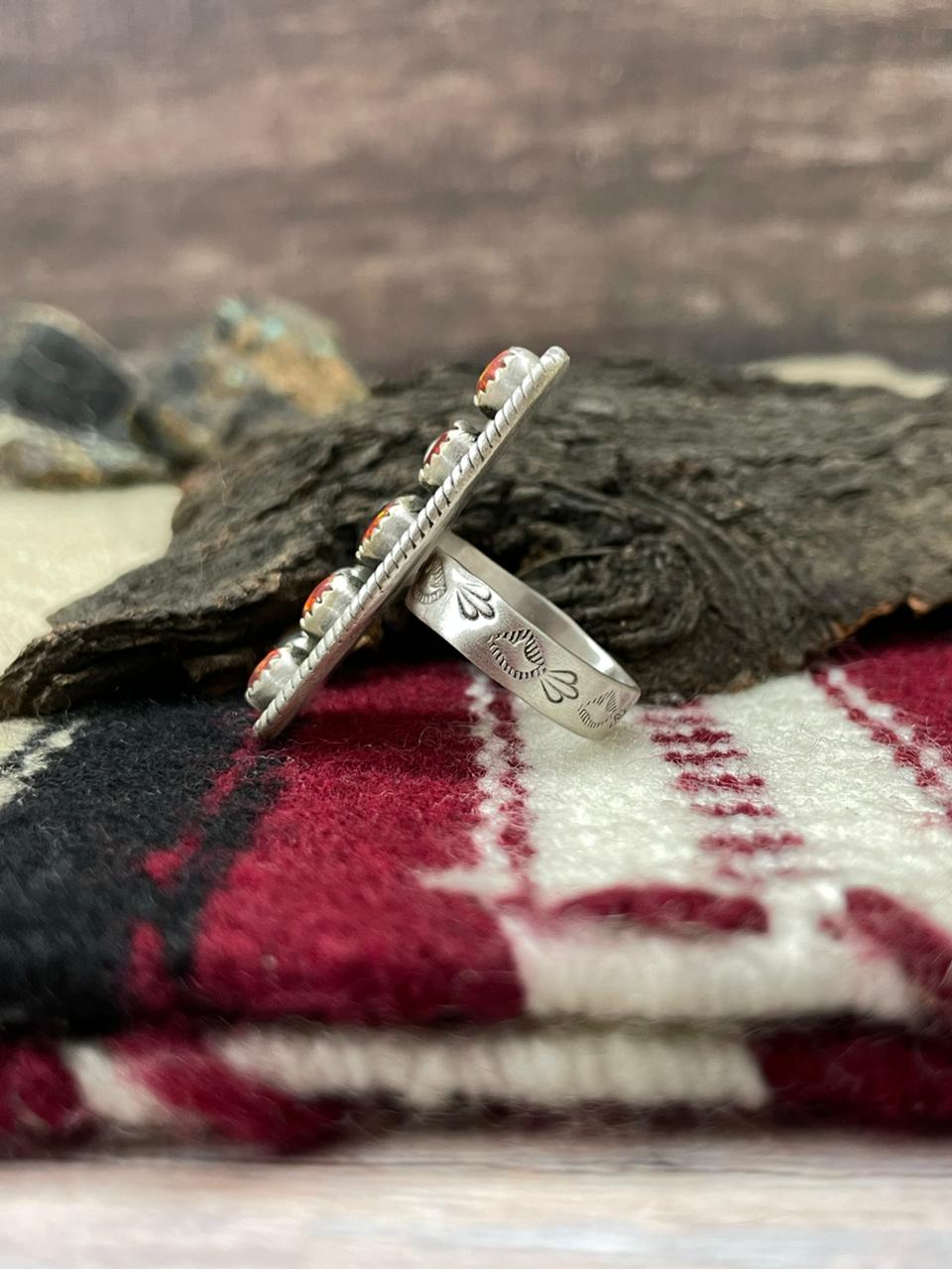 "Christmas Collection" Handmade Sterling Silver White Buffalo with Red Opal Adjustable Ring "Signed Nizhoni"