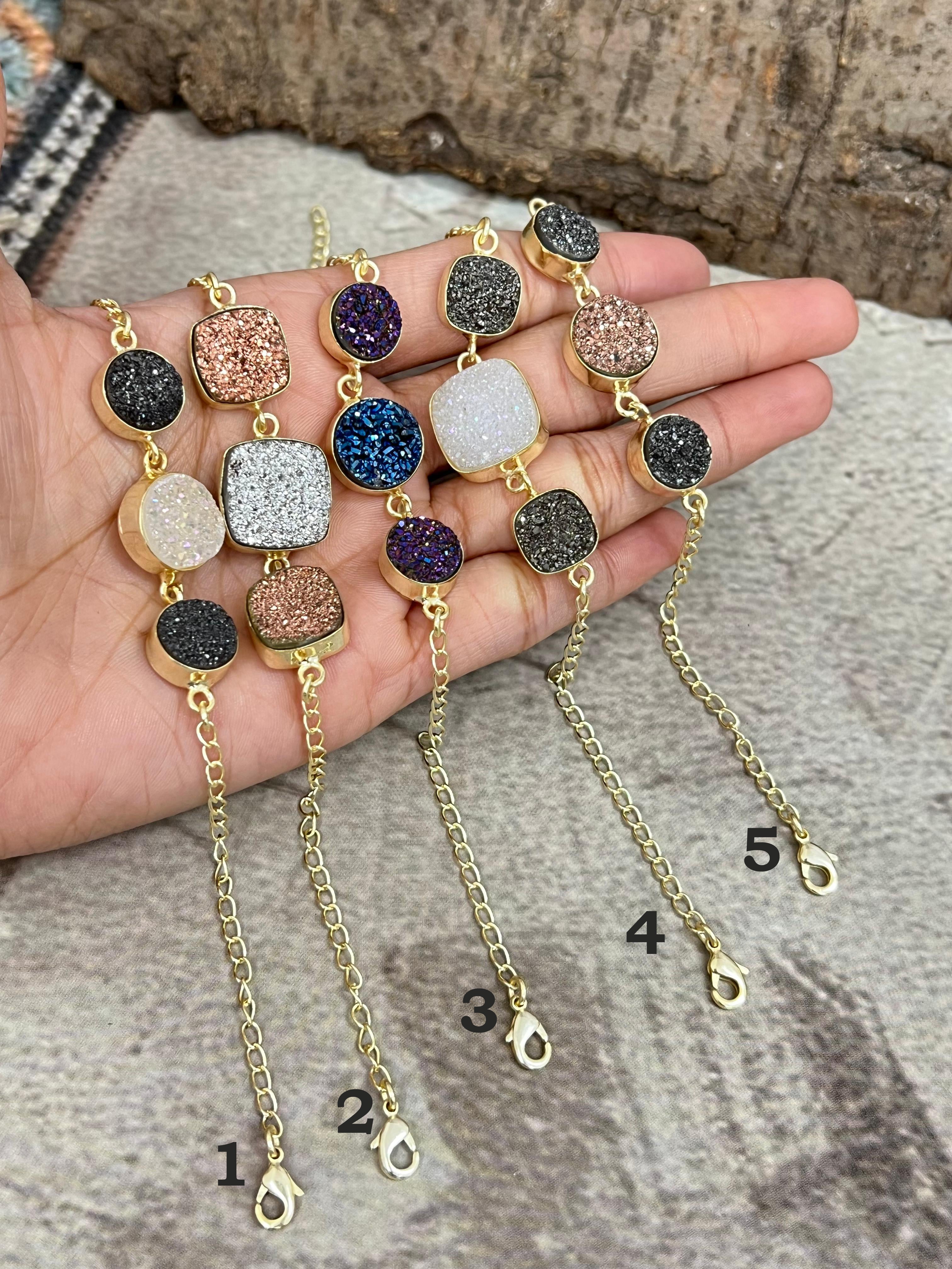 “The Boho Collection” Handmade Natural Gold Plated 3 Stone Druzy Chain Bracelet