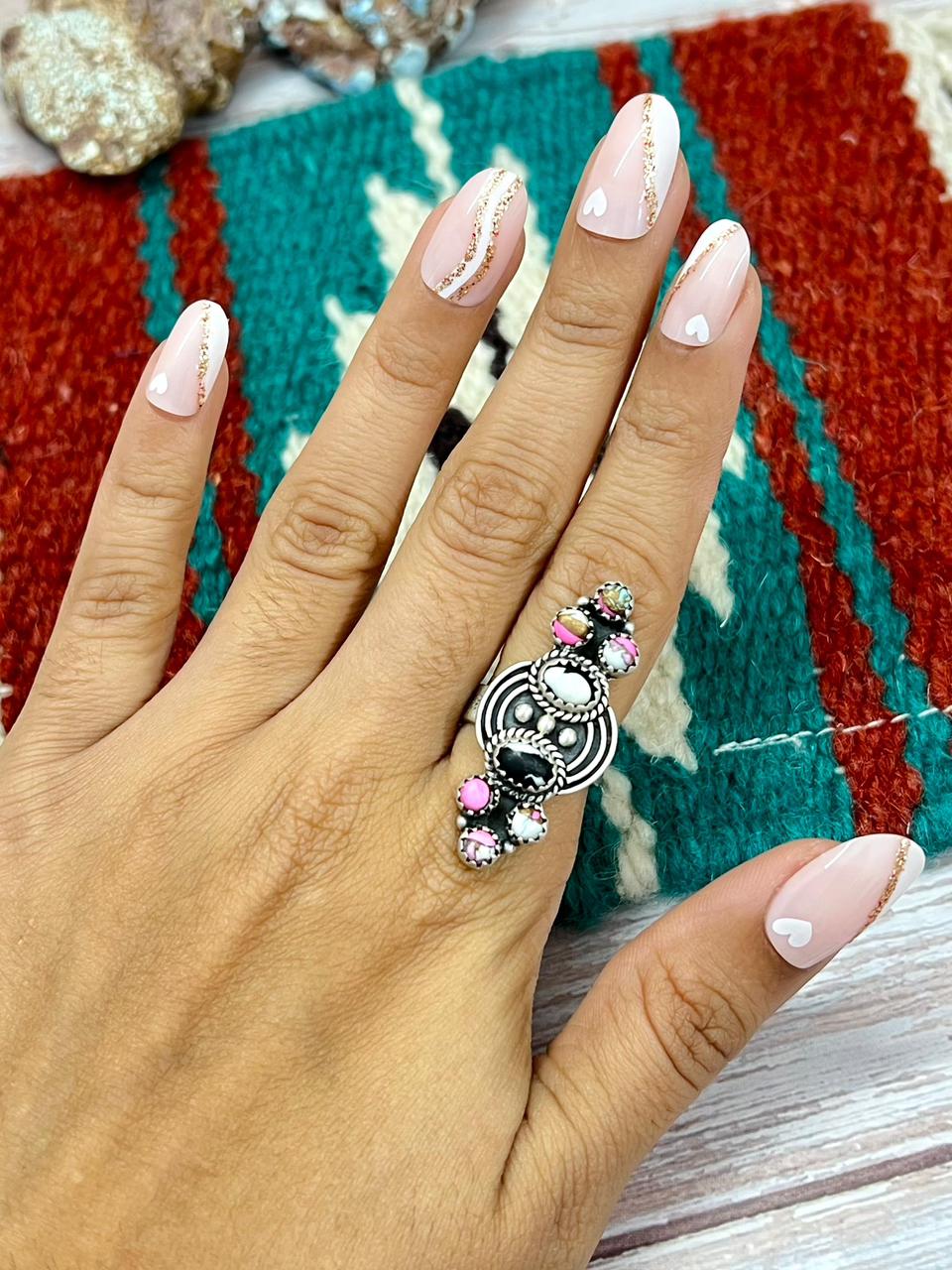Handmade Sterling Silver White Buffalo with Cotton Candy Adjustable Ring "Signed Nizhoni"