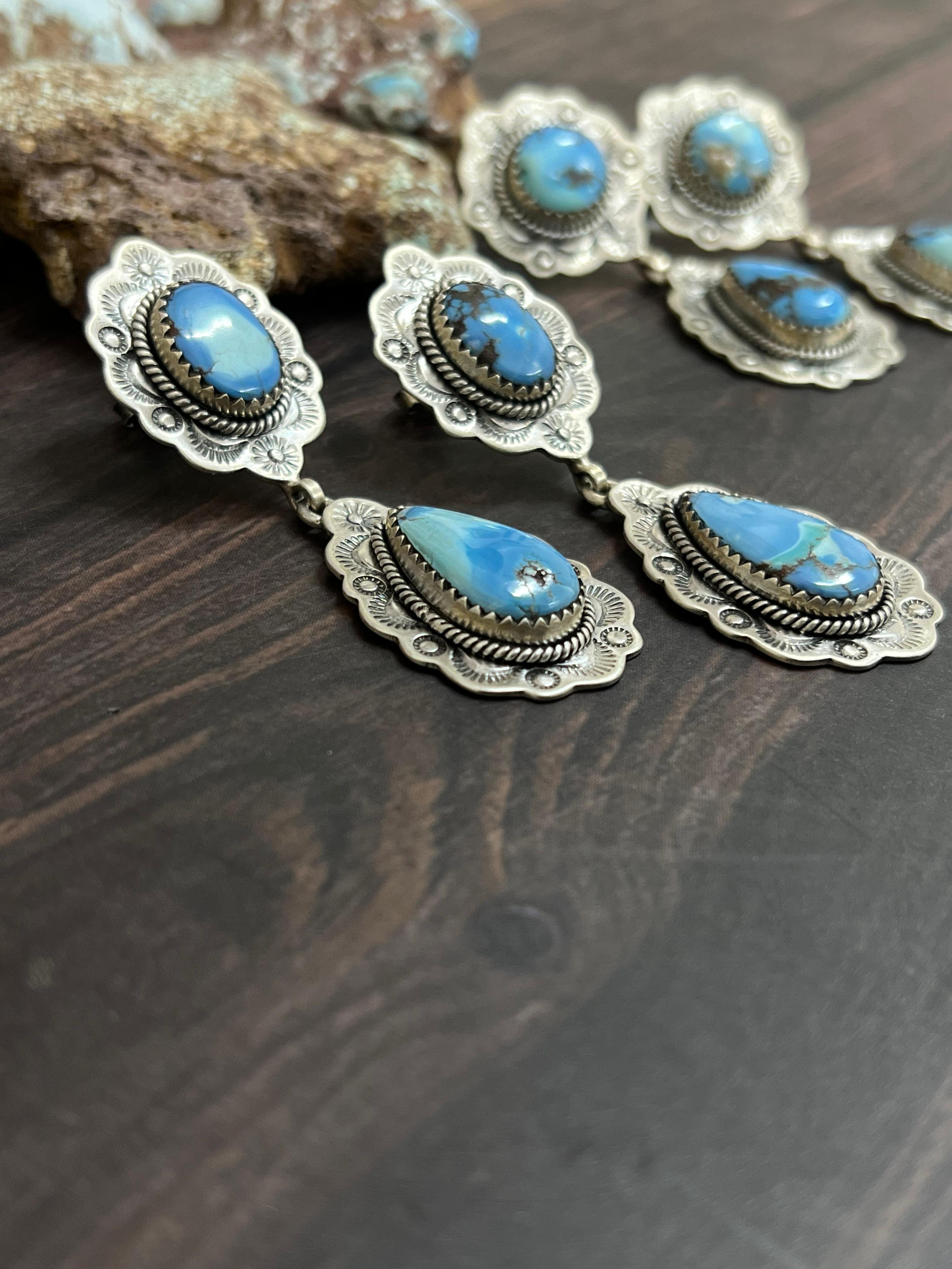 Handmade Sterling Silver Golden Hills Turquoise Post Dangle Earrings with Signed Nizhoni