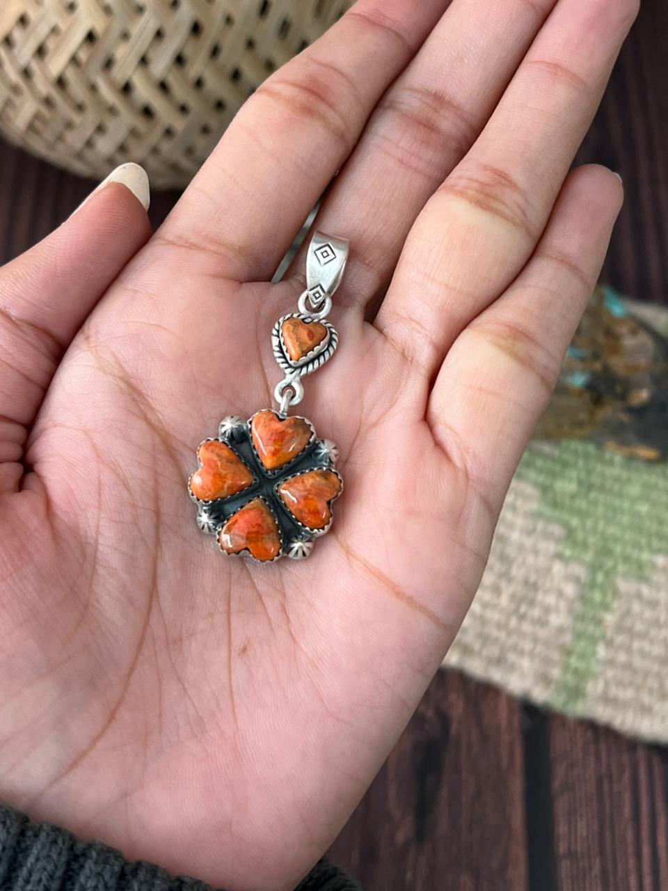 Handmade Sterling Silver Orange Mojave Heart Pendant "Signed Nizhoni"