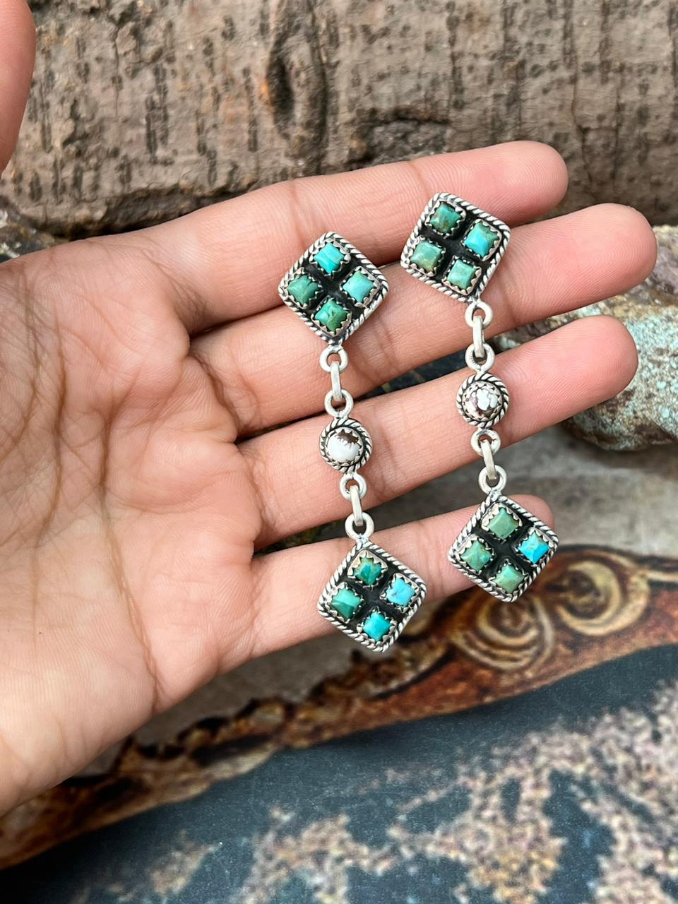 Handmade Sterling Silver Kingman Turquoise Post Dangle Earrings "Signed Nizhoni"