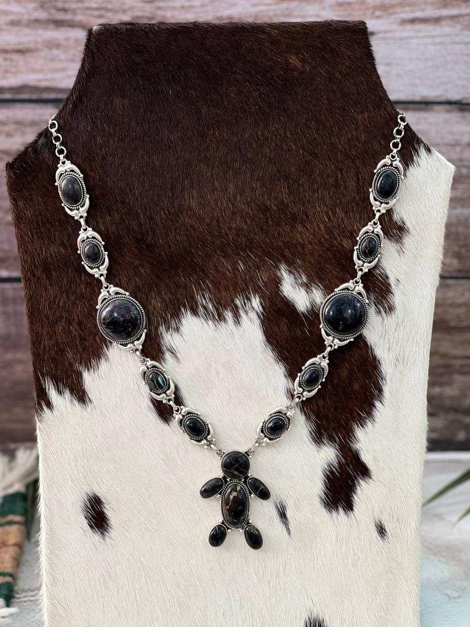 Handmade Sterling Silver Blackjack Turquoise Necklace "Signed Nizhoni"