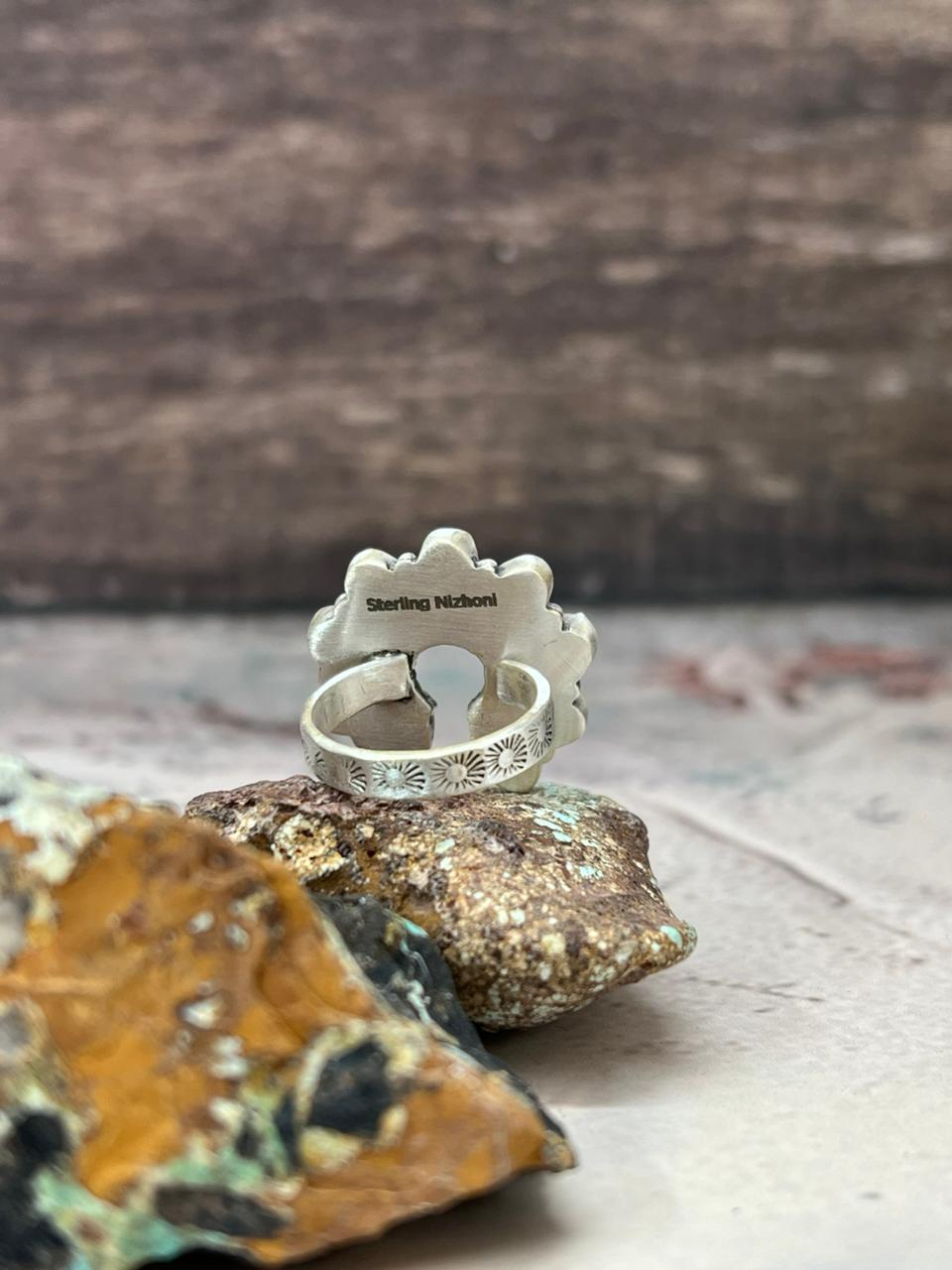 Handmade Sterling Silver White Buffalo Turquoise Naja Adjustable Ring "Signed Nizhoni"