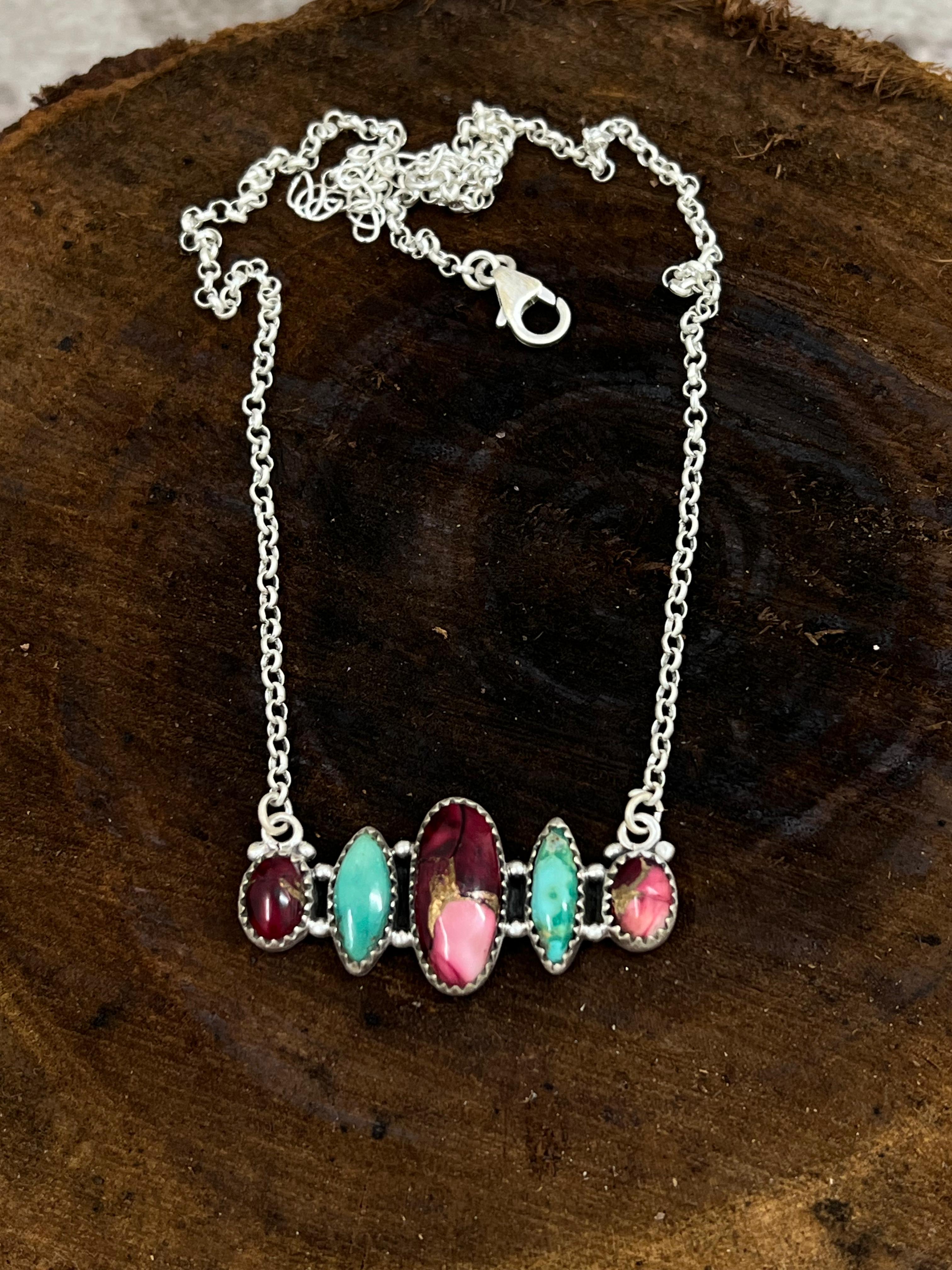 Handmade Sterling Silver Dahlia Rose with Emerald Valley Bar Necklace with Signed Nizhoni