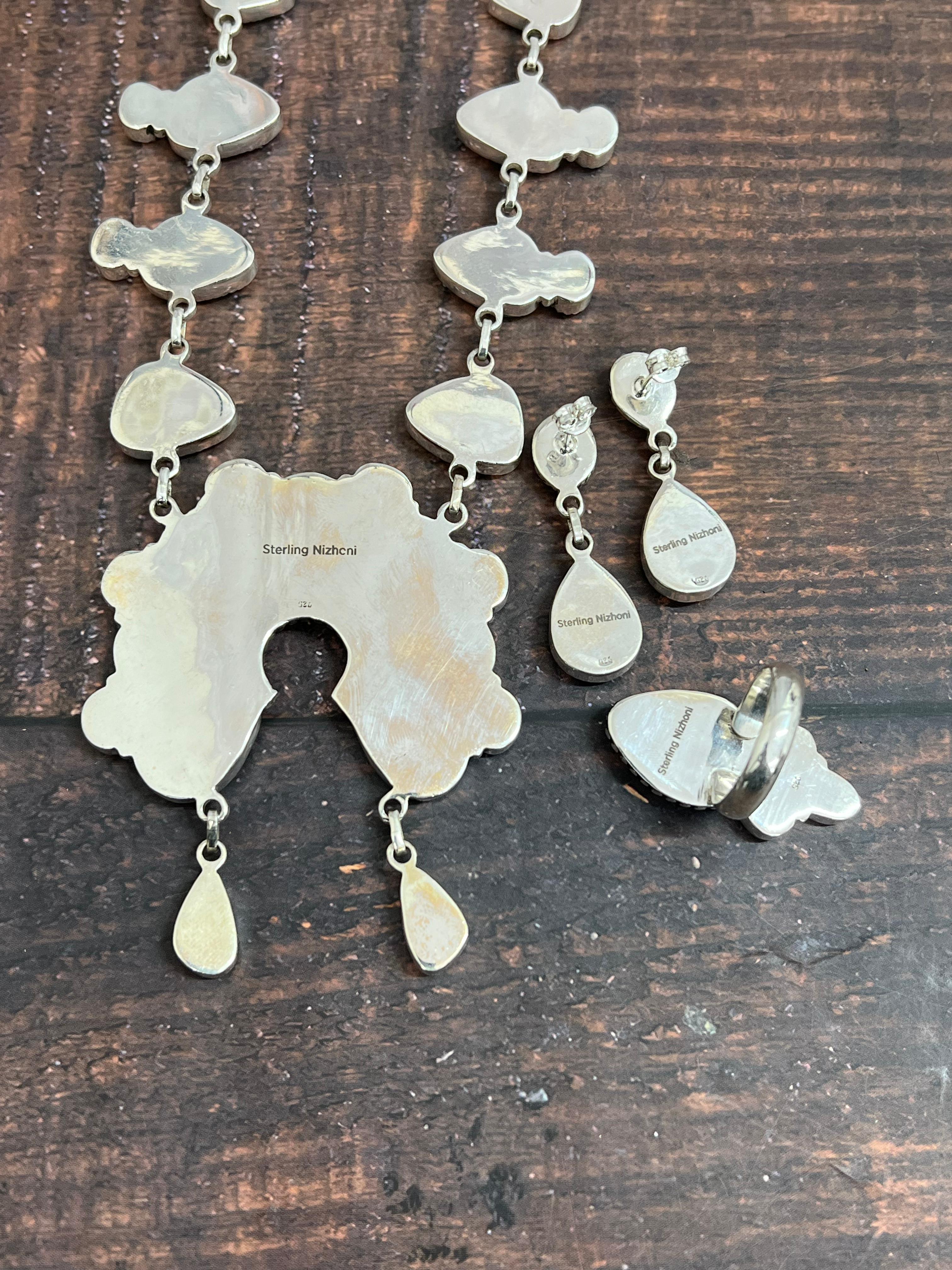 Handmade Sterling Silver Peacock Dahlia with Druzy Necklace, Ring & Earrings Set, Signed Nizhoni