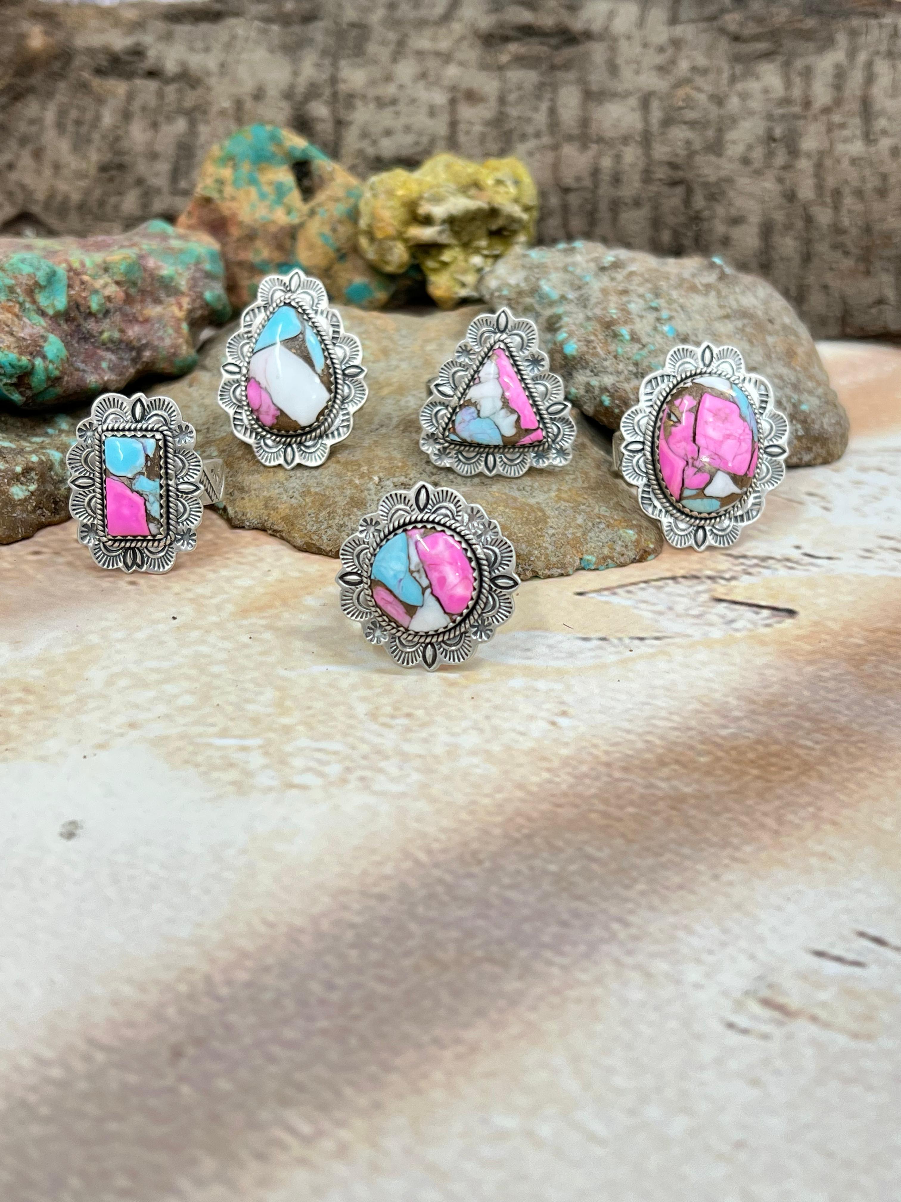 Handmade Sterling Silver Cotton Candy Turquoise Adjustable Ring with Signed Nizhoni