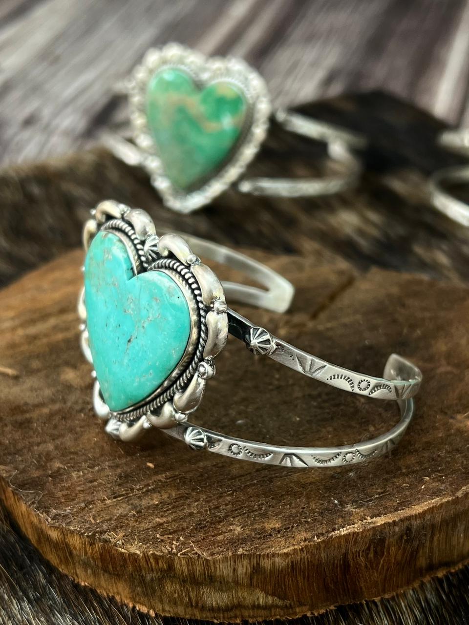 Handmade Sterling Silver Mantis Turquoise Heart Bracelet "Signed Nizhoni"