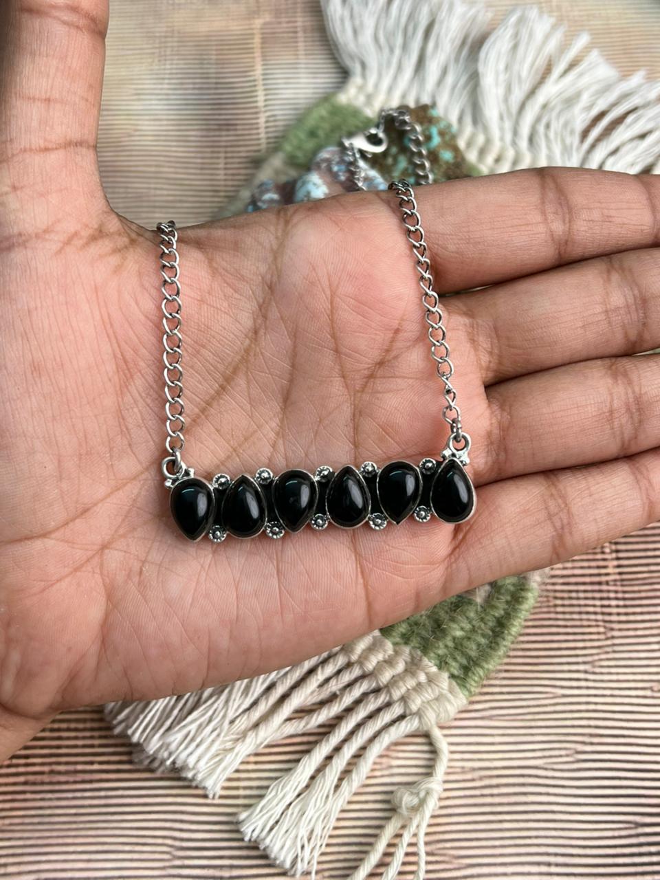 Handmade Sterling Silver Black Onyx Bar Necklace "Signed Nizhoni"