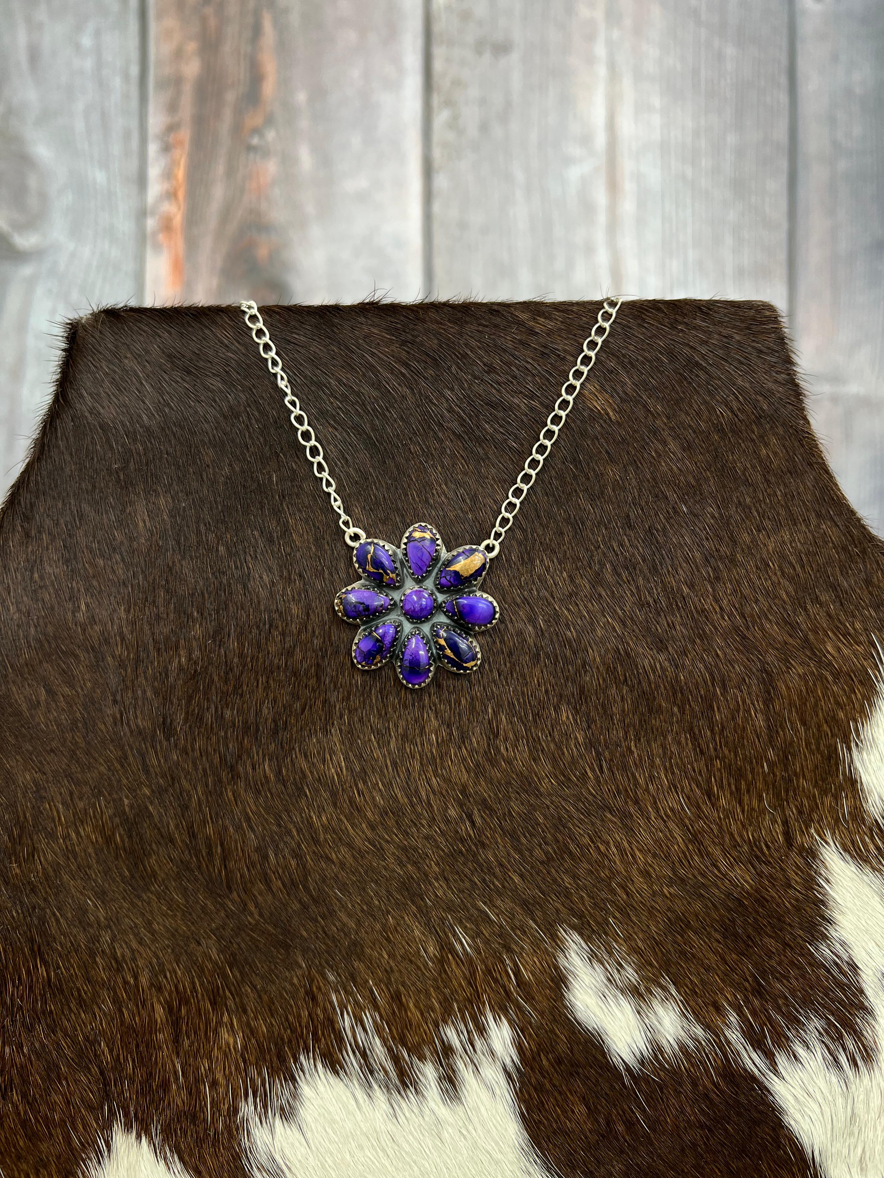 Handmade Sterling Silver Grape Dahlia Flower Necklace with Signed Nizhoni