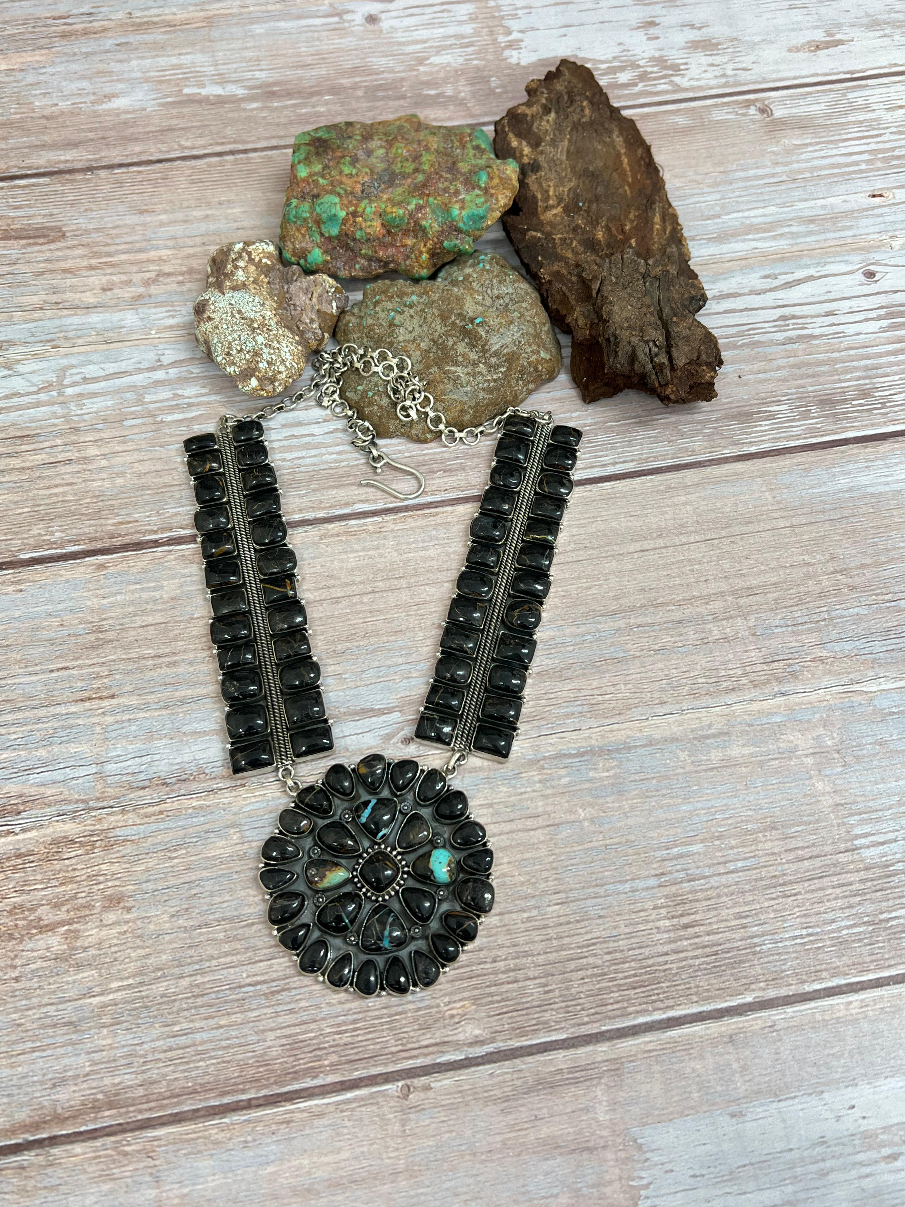 Handmade Sterling Silver Blackjack Turquoise Necklace with Signed Nizhoni