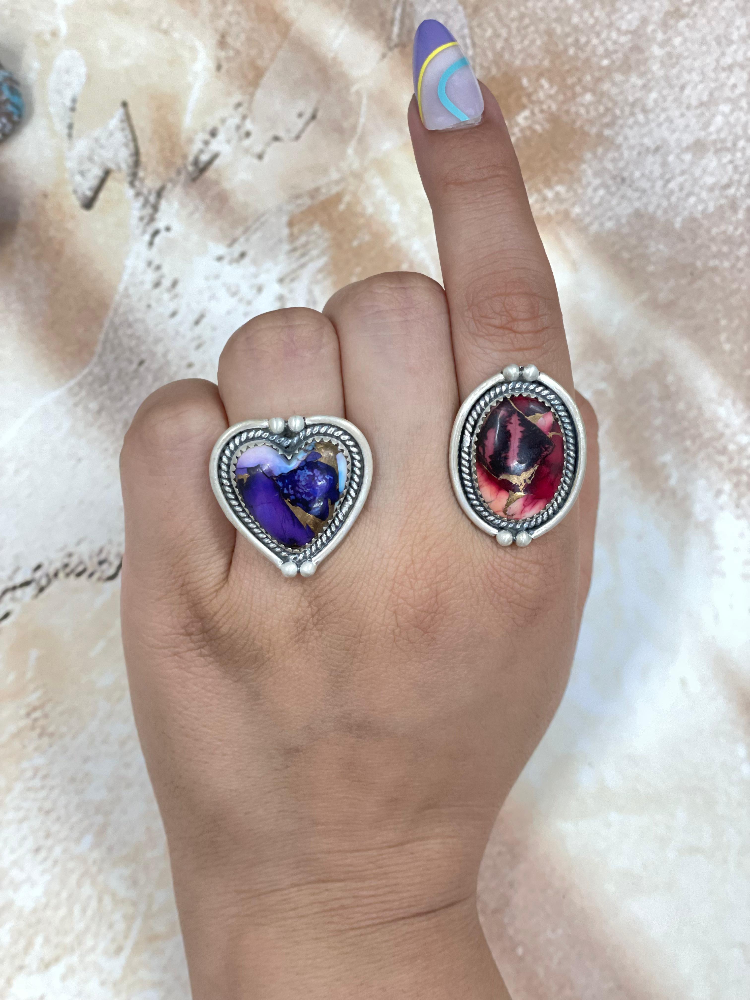 Handmade Sterling Silver Purple Ice Rose Dahlia with Dahlia Rose Adjustable Ring, Signed Nizhoni