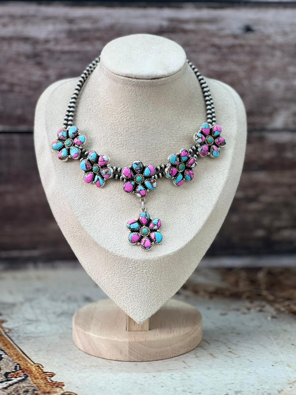 Handmade Sterling Silver Beaded Multi Stone Necklace "Signed Nizhoni"