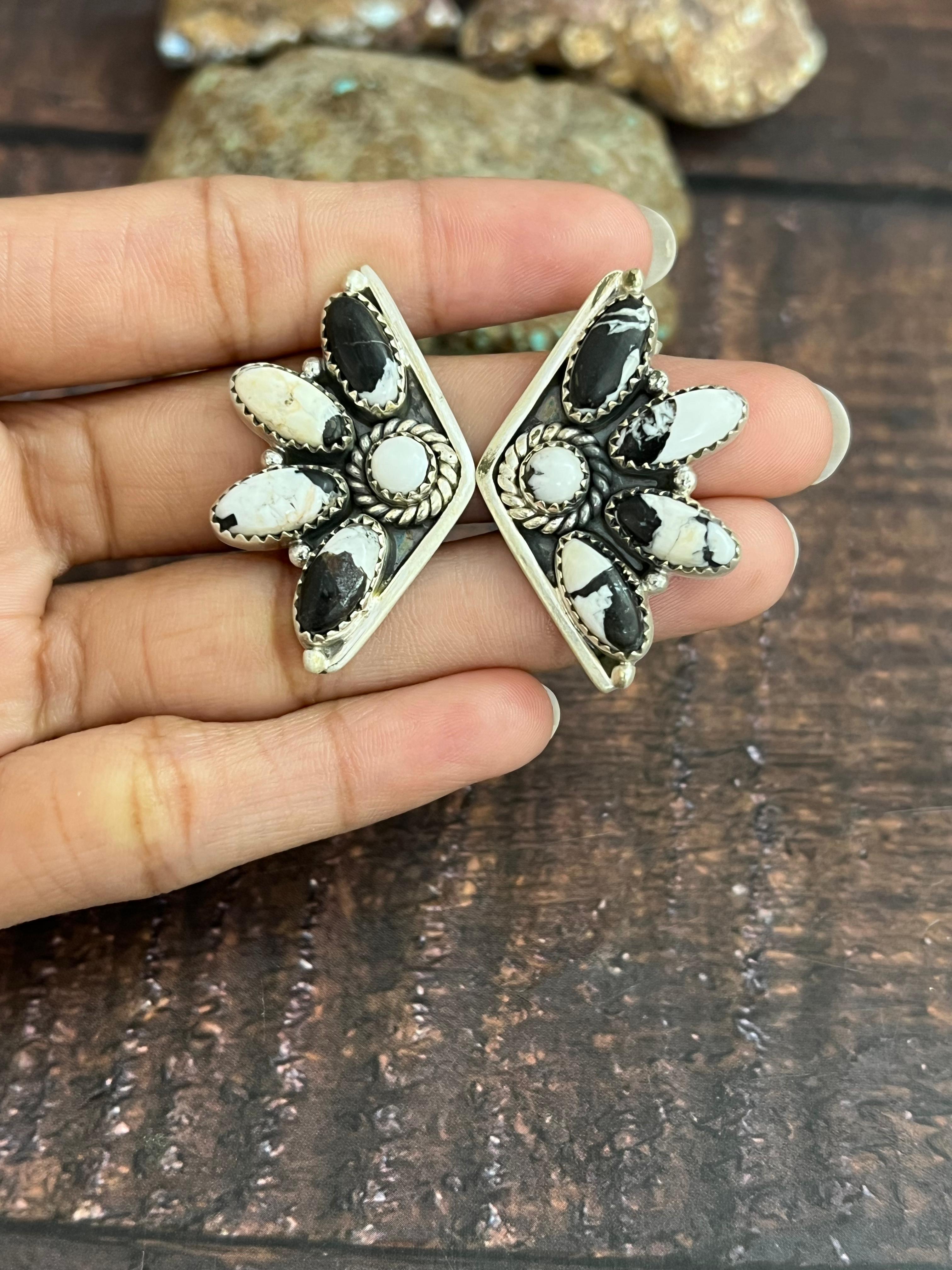 Handmade Sterling Silver White Buffalo Studs with Signed Nizhoni