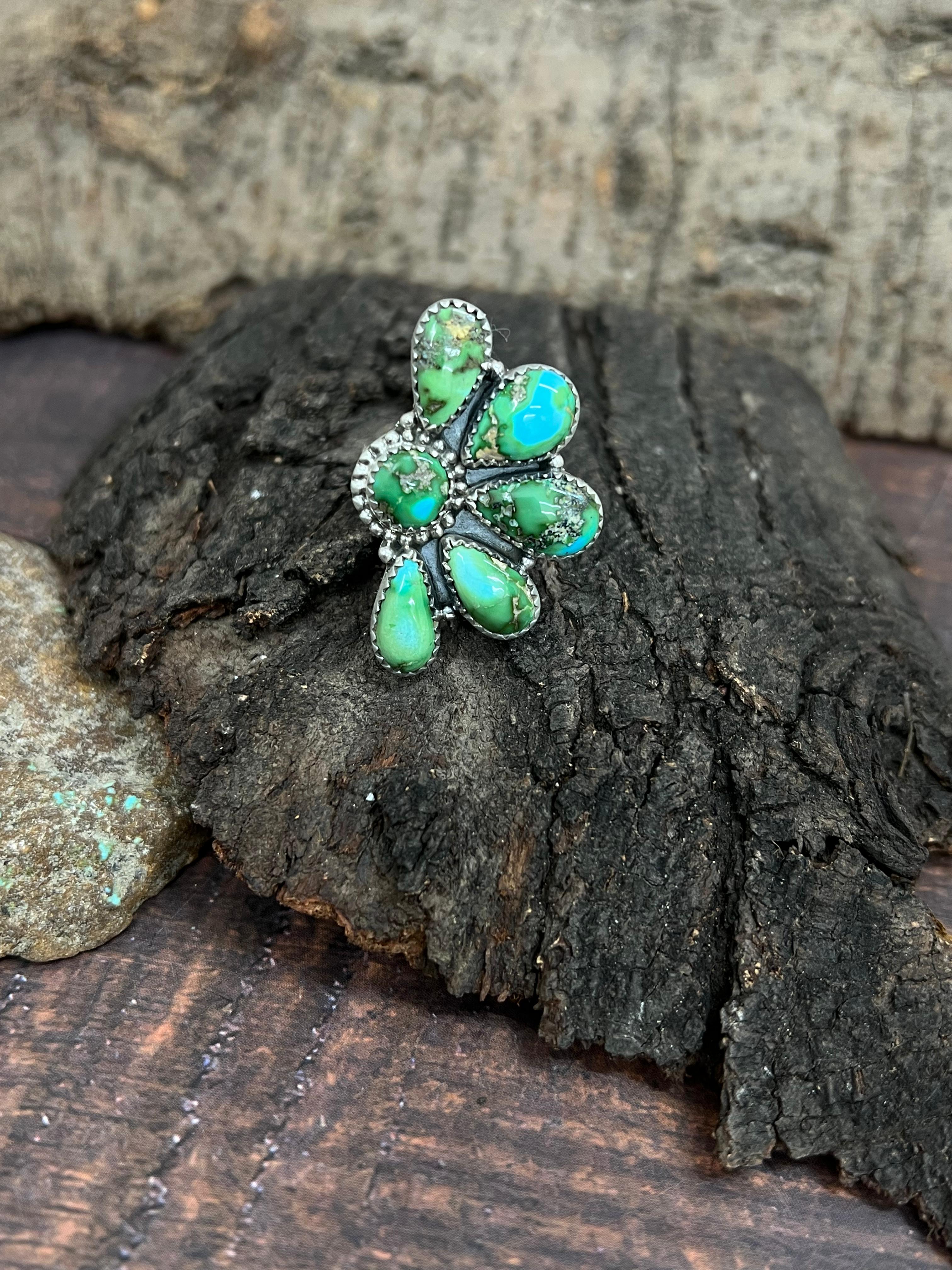 Handmade Sterling Silver Sonoran Mountain Turquoise Adjustable Ring with Signed Nizhoni