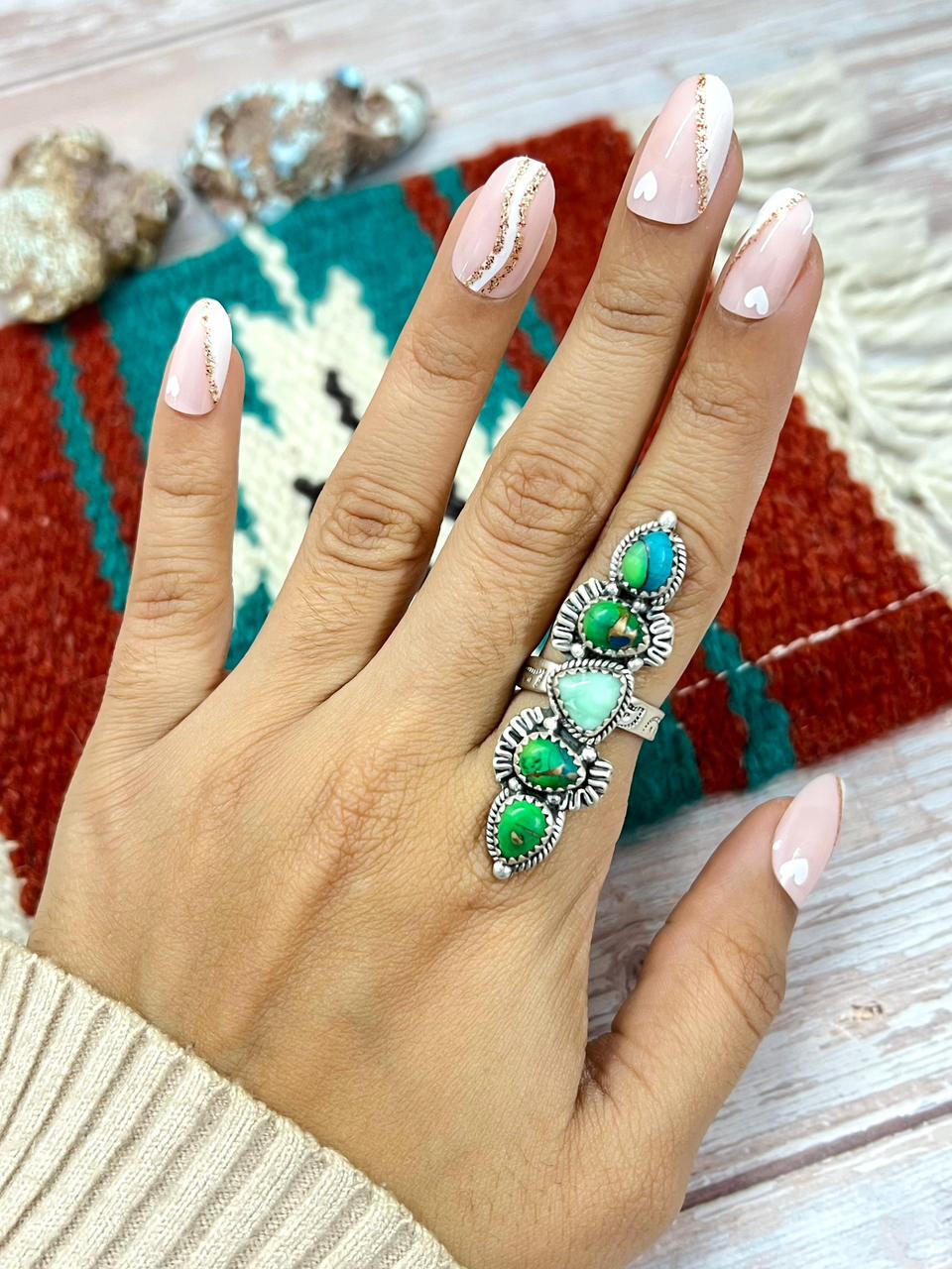 Handmade Sterling Silver Peacock Dahlia with Paloma Adjustable Ring "Signed Nizhoni" (4)