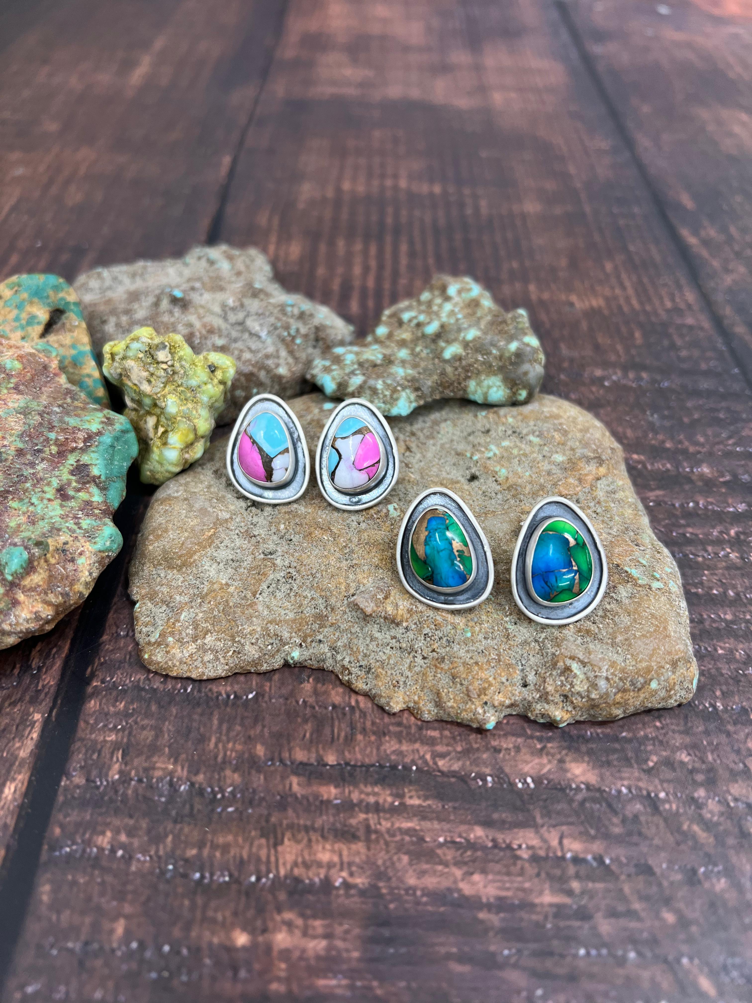 Handmade Sterling Silver Cotton Candy Turquoise, Peacock Dahlia Post Earrings, Signed Nizhoni