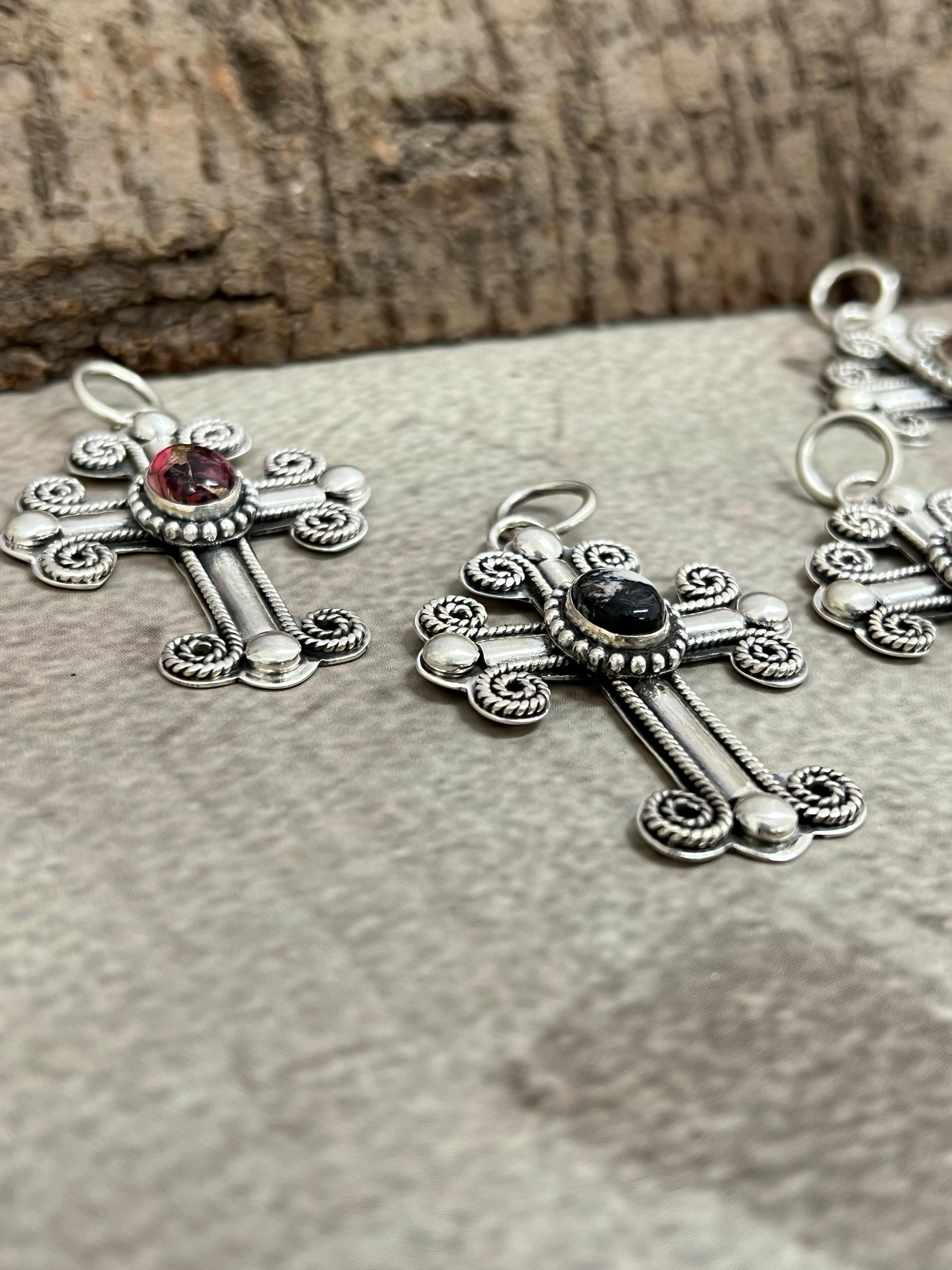 Handmade Sterling Silver Multi Stone Cross Pendant with Signed Nizhoni