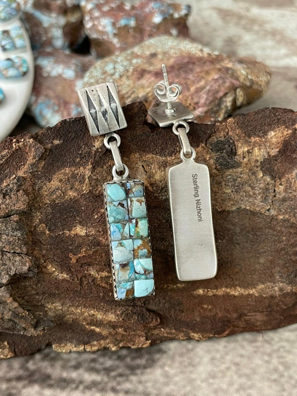 Handmade Sterling Silver Golden Hills Cobble Collection Post Dangle Earrings "Signed Nizhoni"