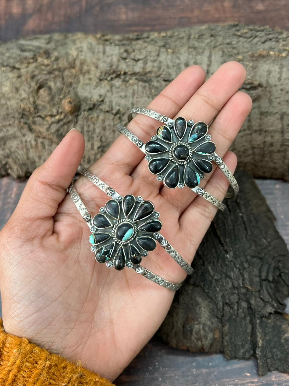 Handmade Sterling Silver Blackjack Turquoise Cuff Bracelet "Signed Nizhoni"