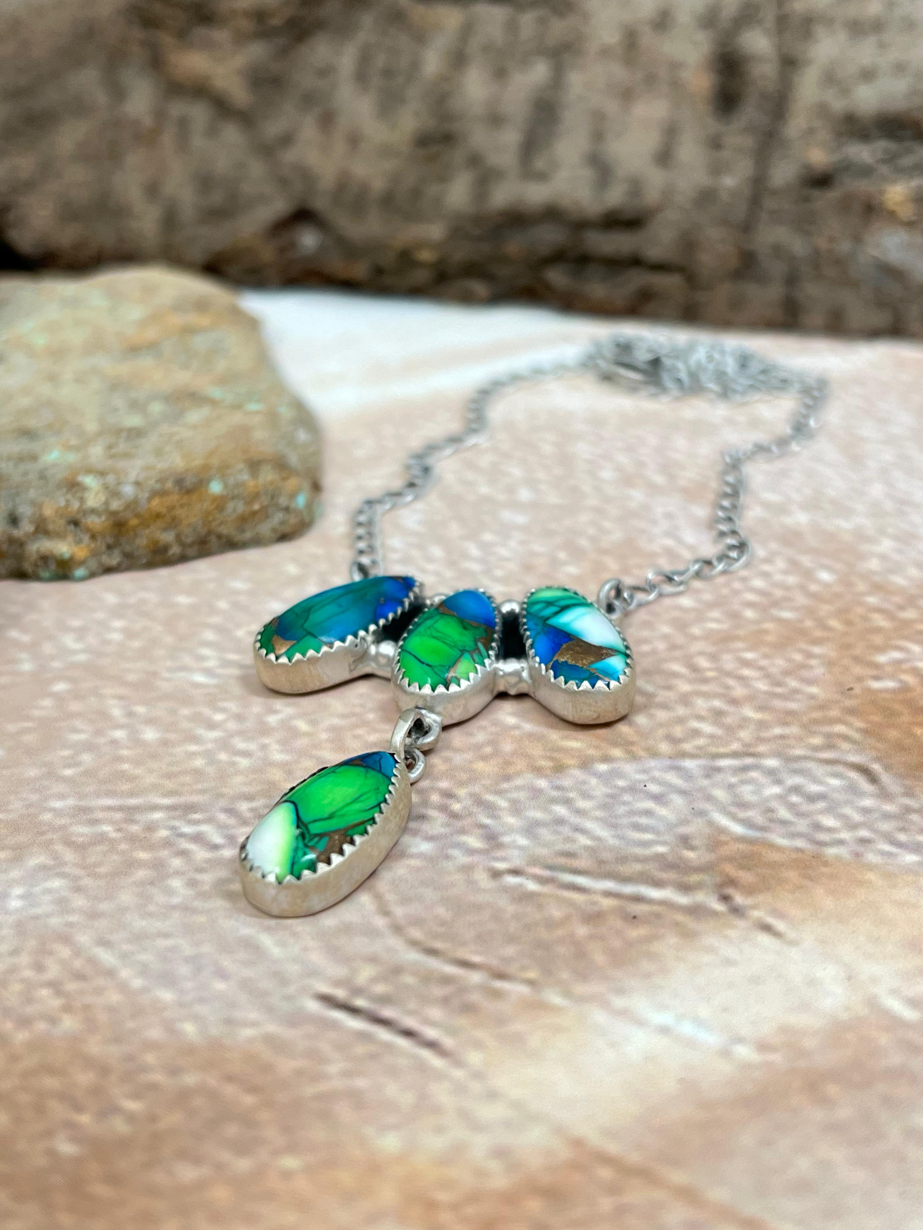 Handmade Sterling Silver Peacock Dahlia Necklace with Signed Nizhoni